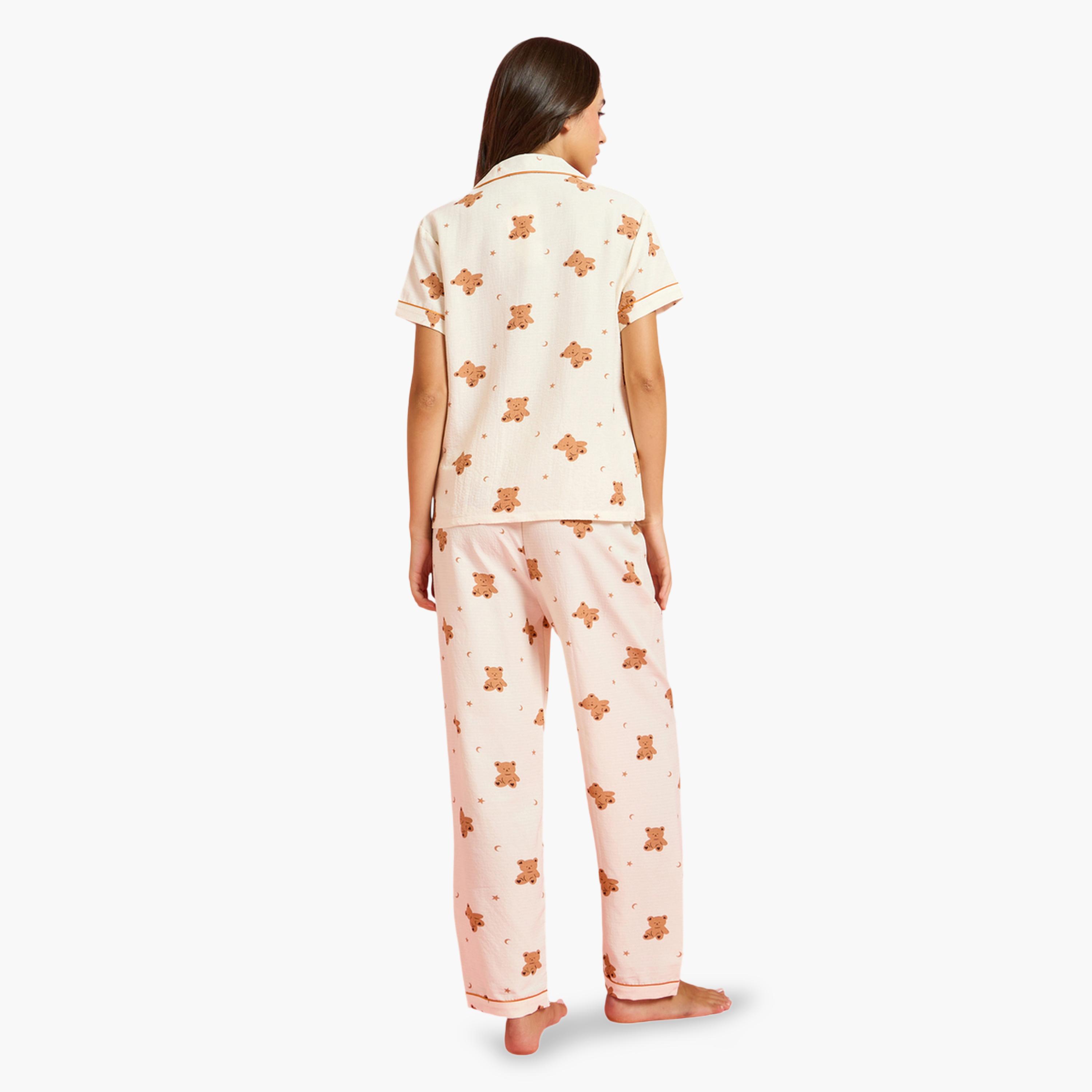 طقم بيجاما من شورت وقميص بطبعة دبدوب 3 قطع-women-clothing-nightwear-pyjamas-longsets-image-6
