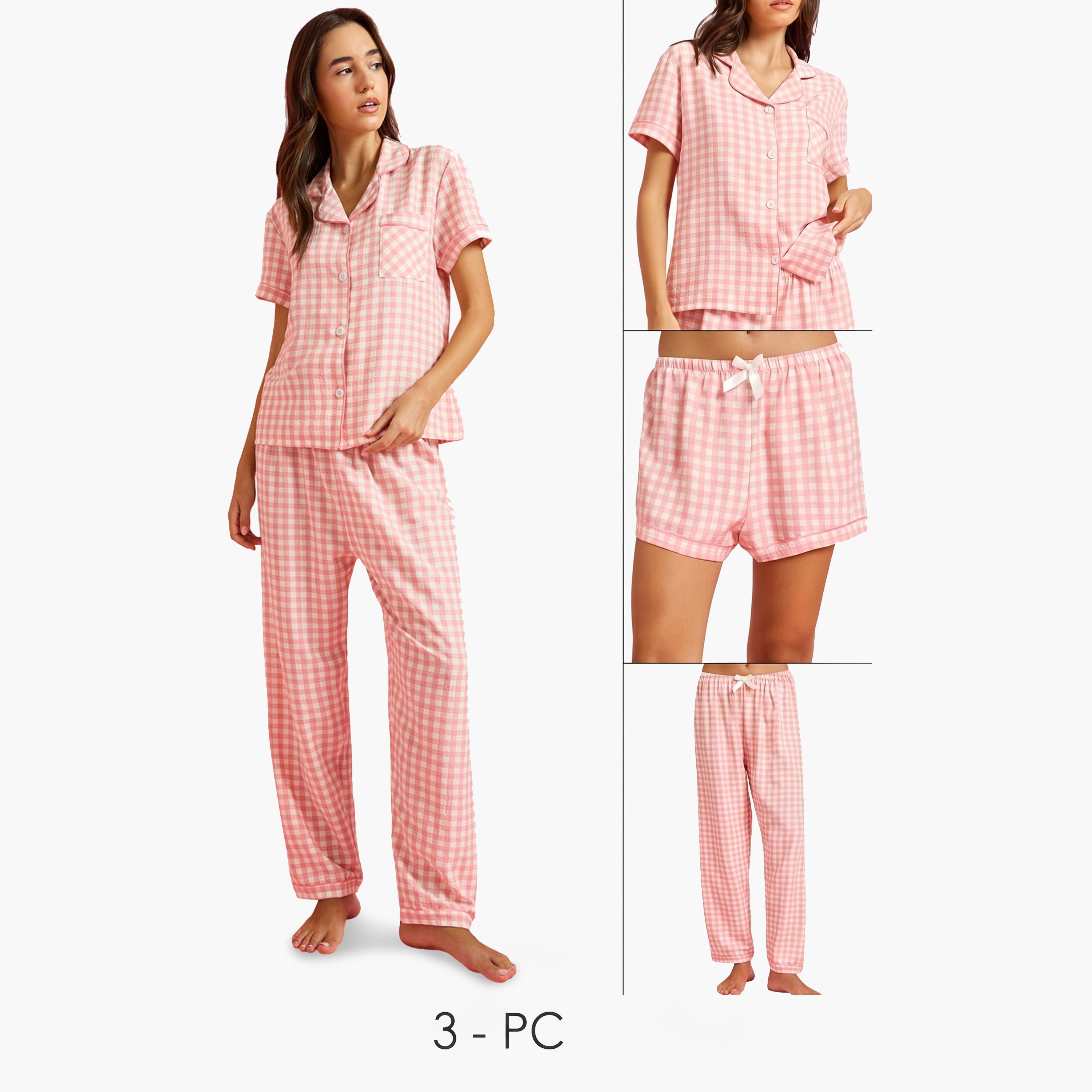 طقم بيجاما من بنطال بقصة مستقيمة وشورت وقميص مربعات-women-clothing-nightwear-pyjamas-longsets-image-1