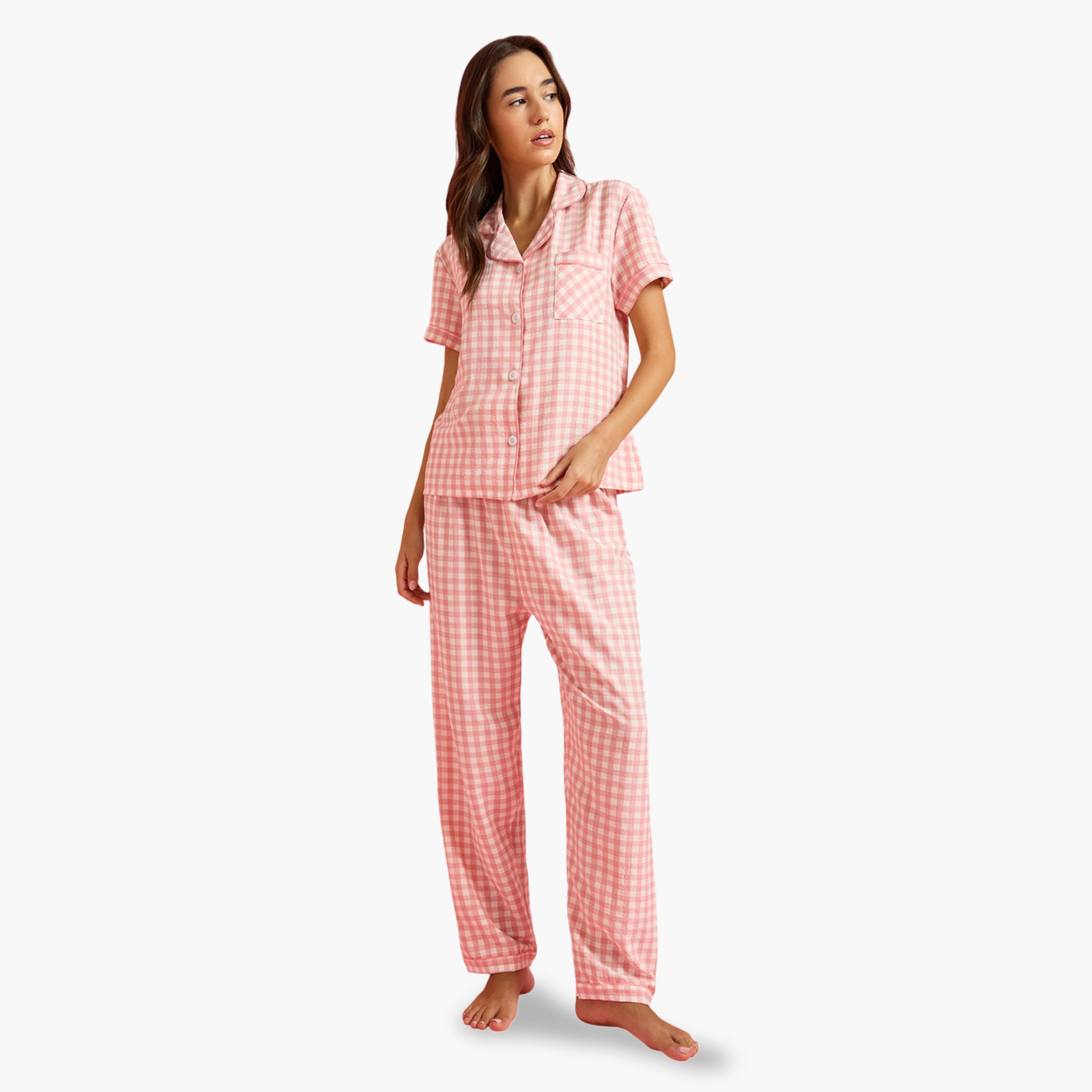 طقم بيجاما من بنطال بقصة مستقيمة وشورت وقميص مربعات-women-clothing-nightwear-pyjamas-longsets-image-3