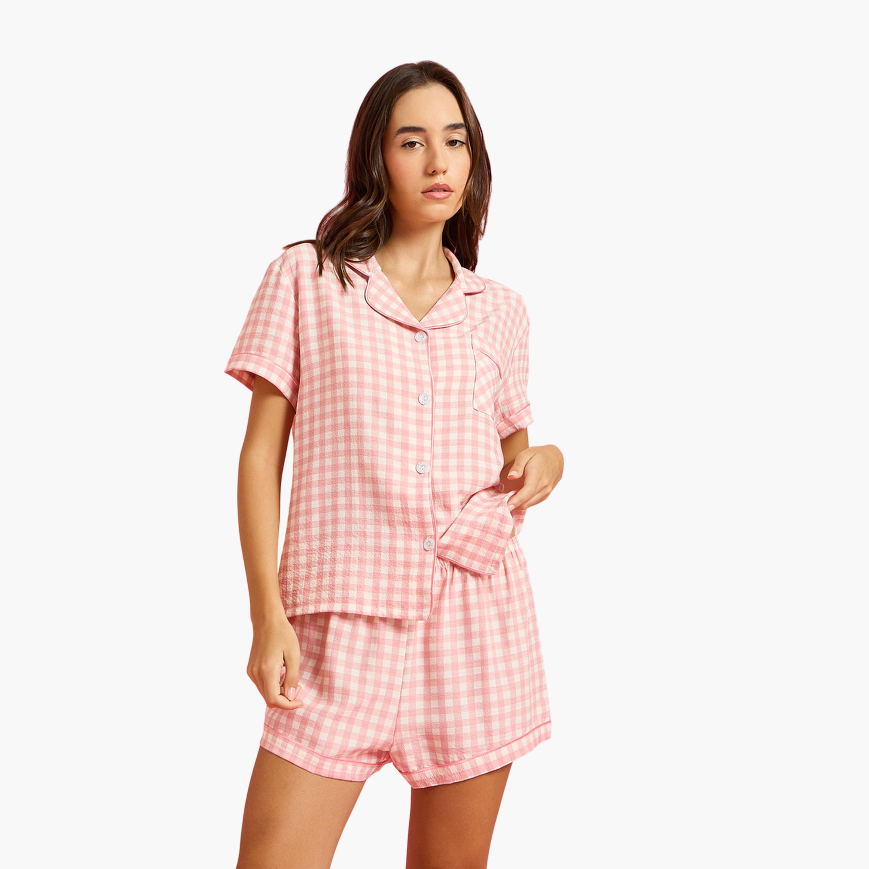 طقم بيجاما من بنطال بقصة مستقيمة وشورت وقميص مربعات-women-clothing-nightwear-pyjamas-longsets-image-4