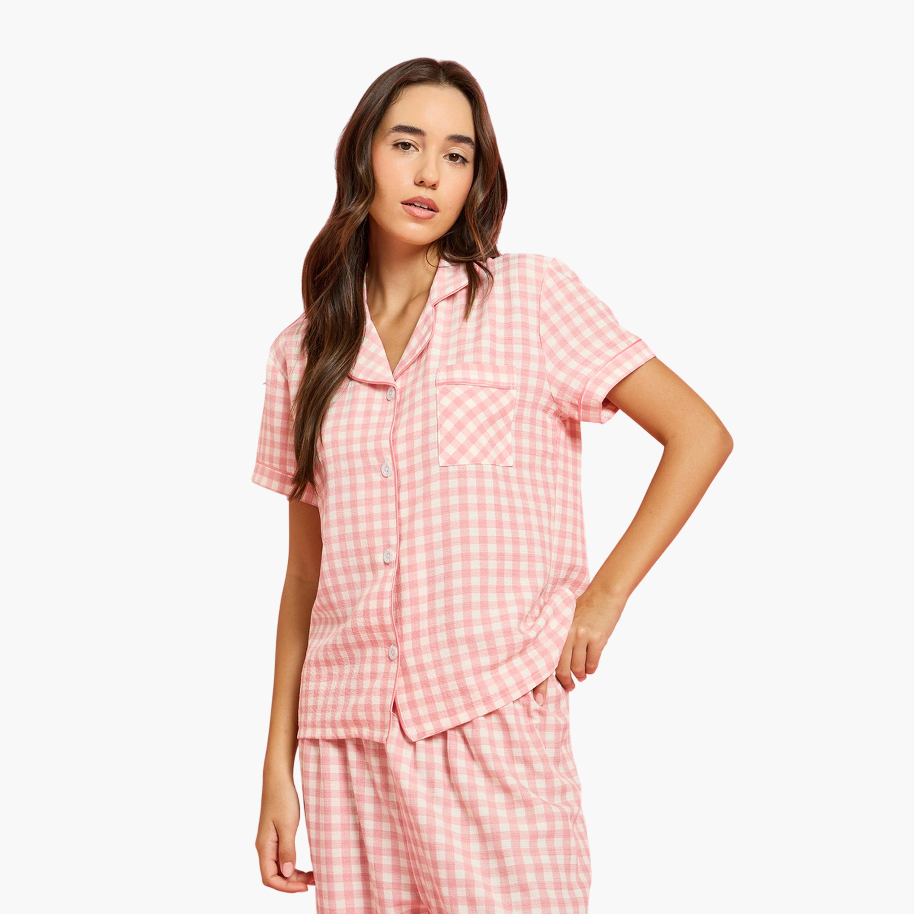 طقم بيجاما من بنطال بقصة مستقيمة وشورت وقميص مربعات-women-clothing-nightwear-pyjamas-longsets-image-5