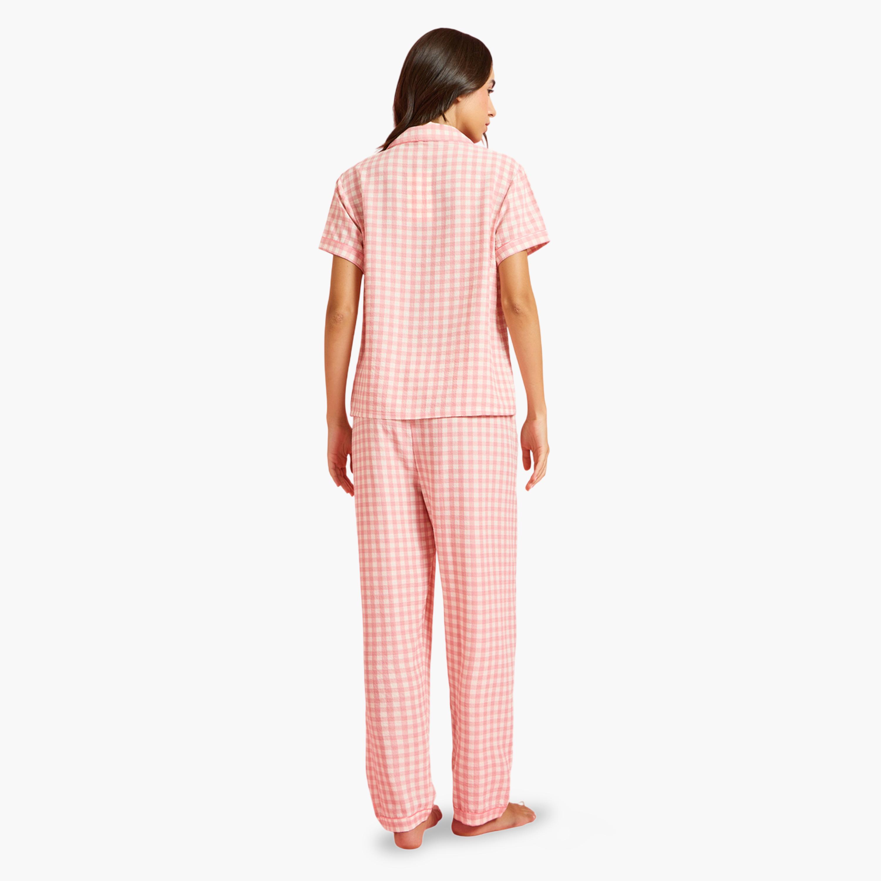 طقم بيجاما من بنطال بقصة مستقيمة وشورت وقميص مربعات-women-clothing-nightwear-pyjamas-longsets-image-6