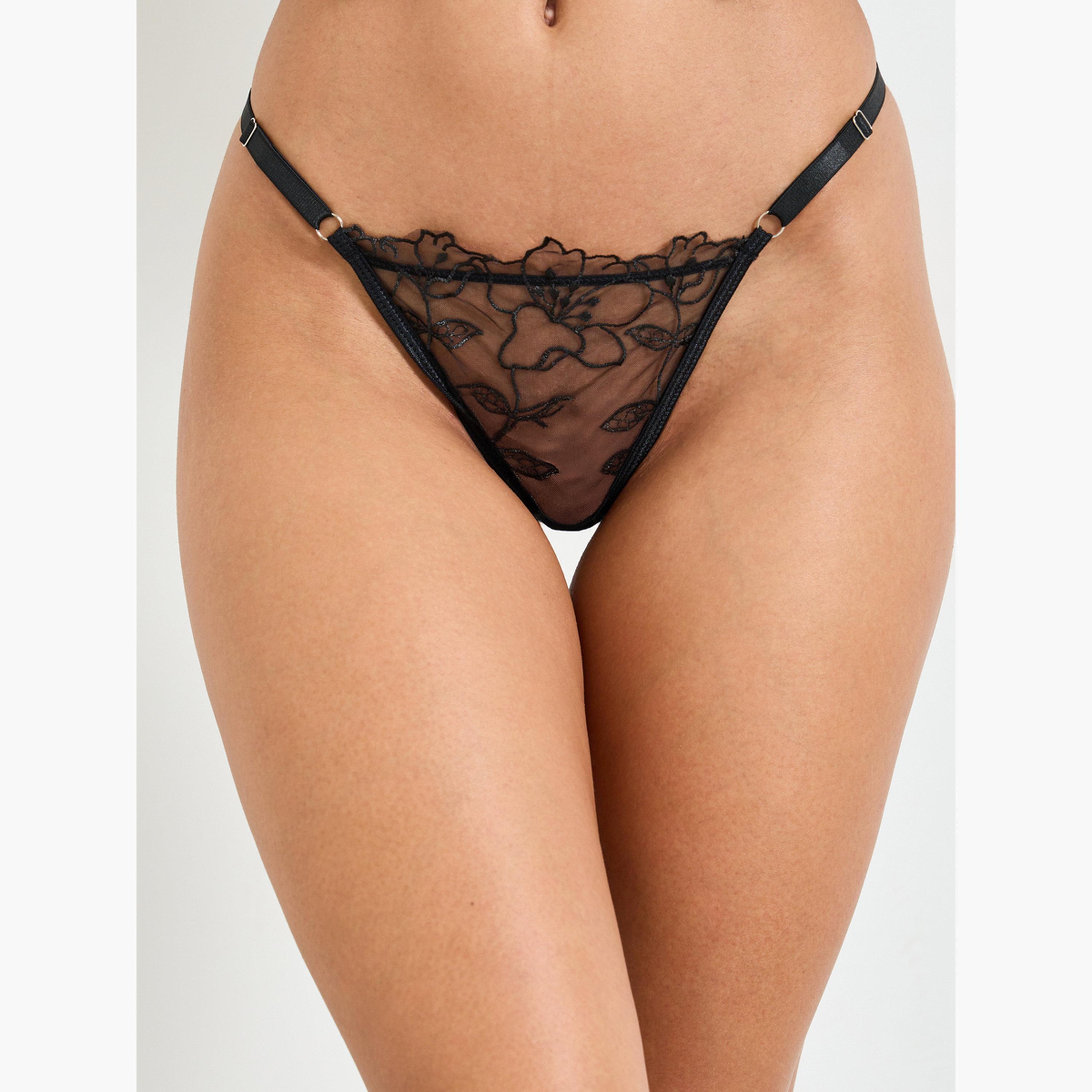 مجموعة من براليت وثونغ بطبعة أزهار ومطرزة أسود-women-clothing-lingerie-lingeriesets-image-4