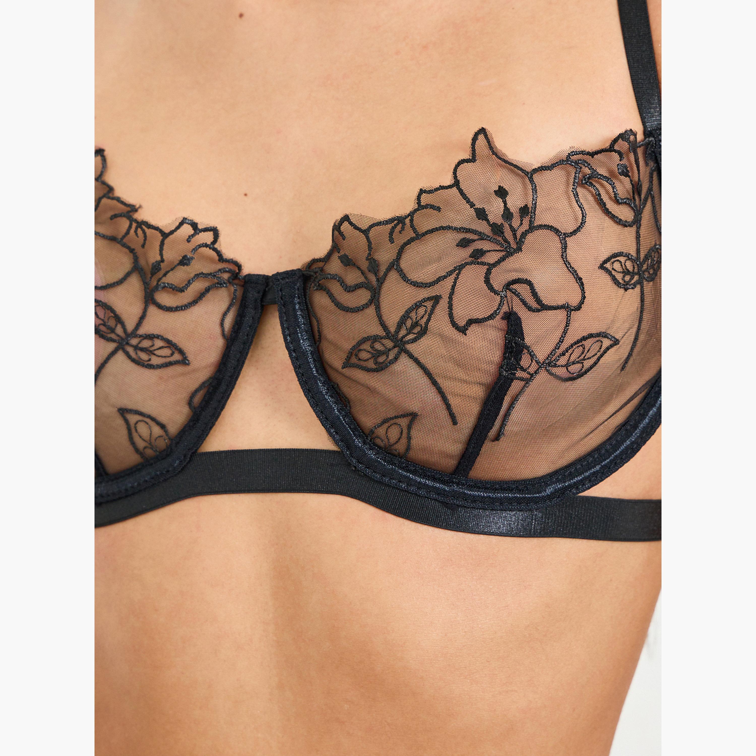 مجموعة من براليت وثونغ بطبعة أزهار ومطرزة أسود-women-clothing-lingerie-lingeriesets-image-5
