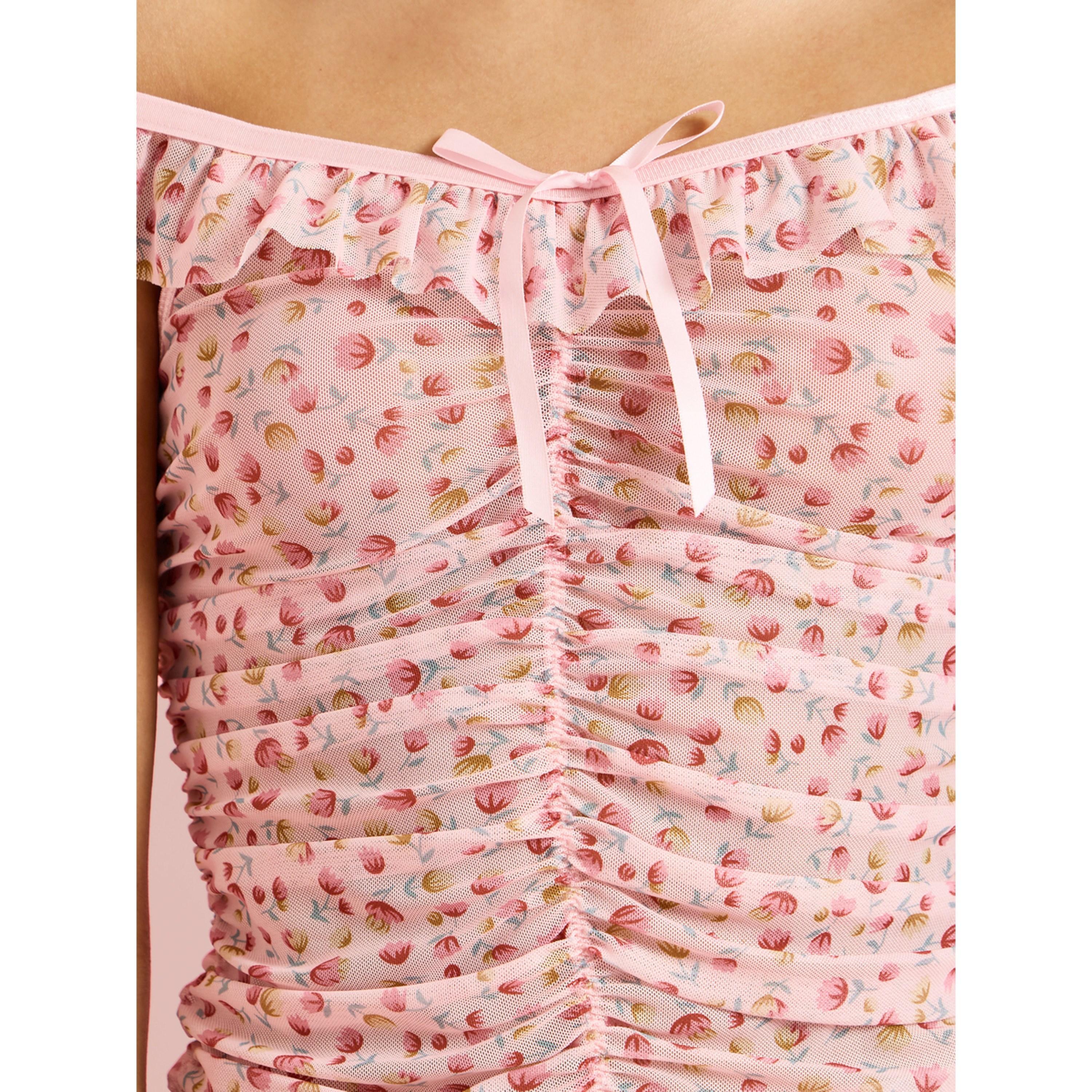 قميص نوم بسروال داخلي وياقة مكشوفة الأكتاف وتفاصيل مزمومة وطبعة كاملة-women-clothing-lingerie-lingeriesets-image-5