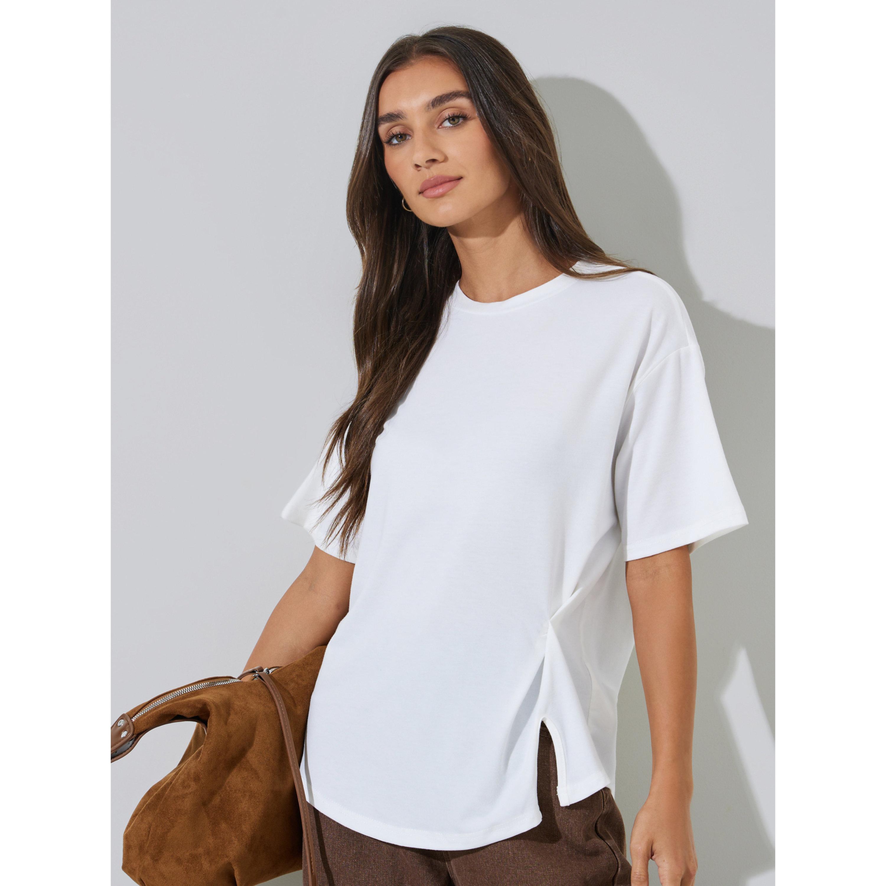 Styli White Solid Side Slit Round Neck Oversized T-Shirt-women-clothing-tshirts-image-1