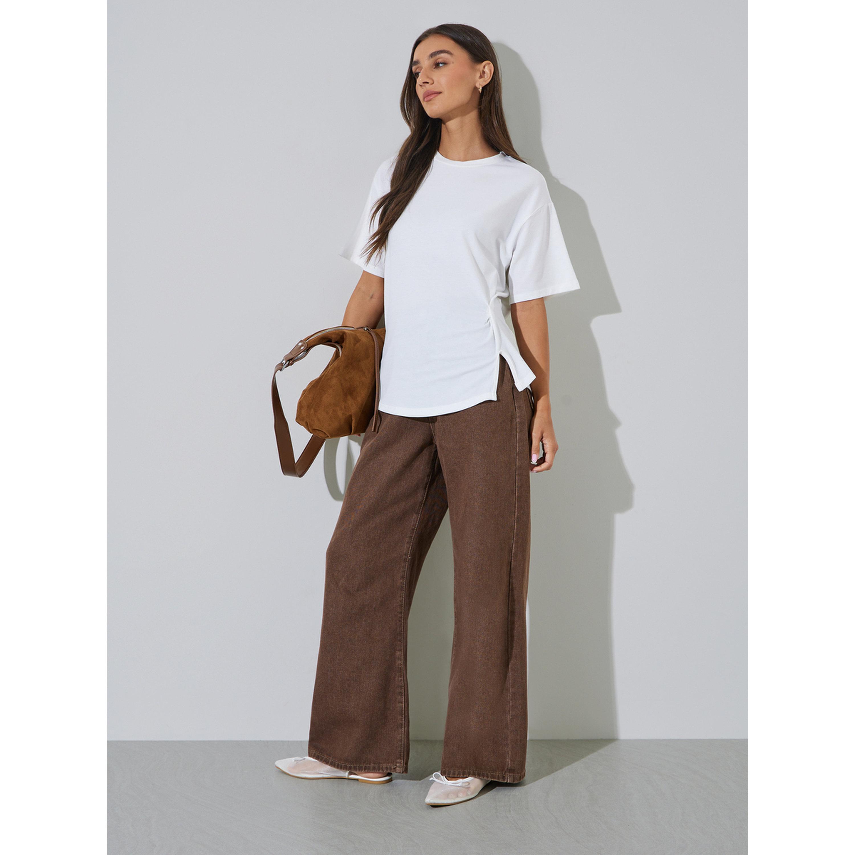 Styli White Solid Side Slit Round Neck Oversized T-Shirt-women-clothing-tshirts-image-2