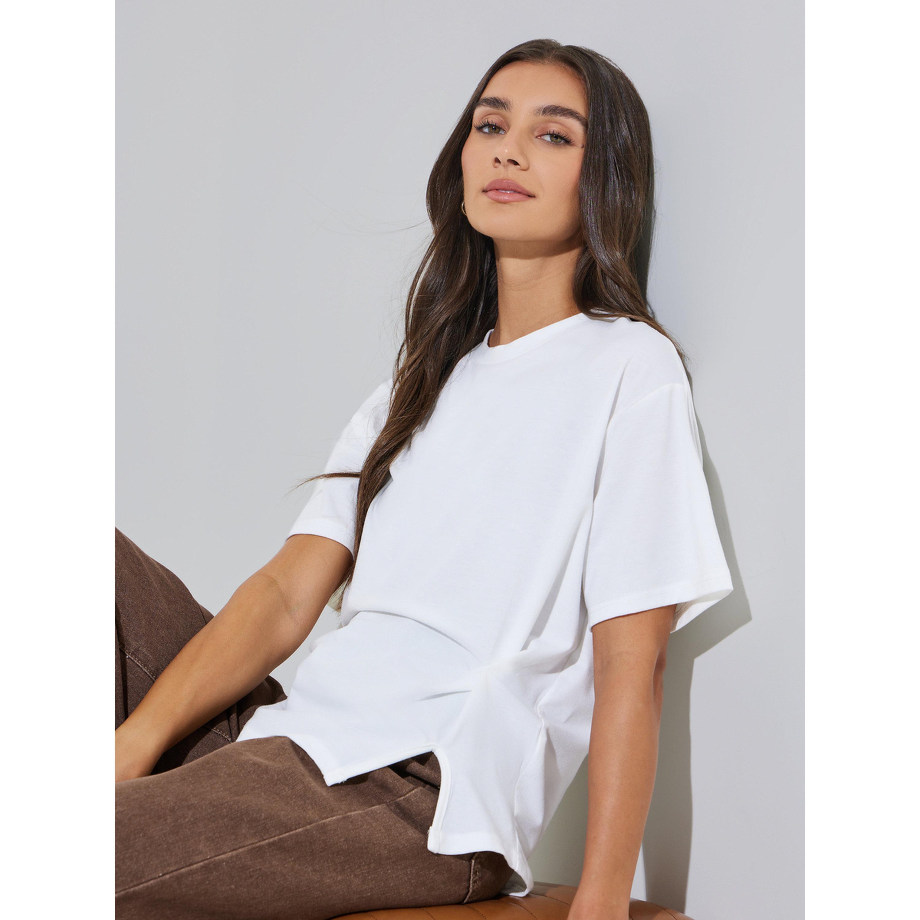 Styli White Solid Side Slit Round Neck Oversized T-Shirt-women-clothing-tshirts-image-4