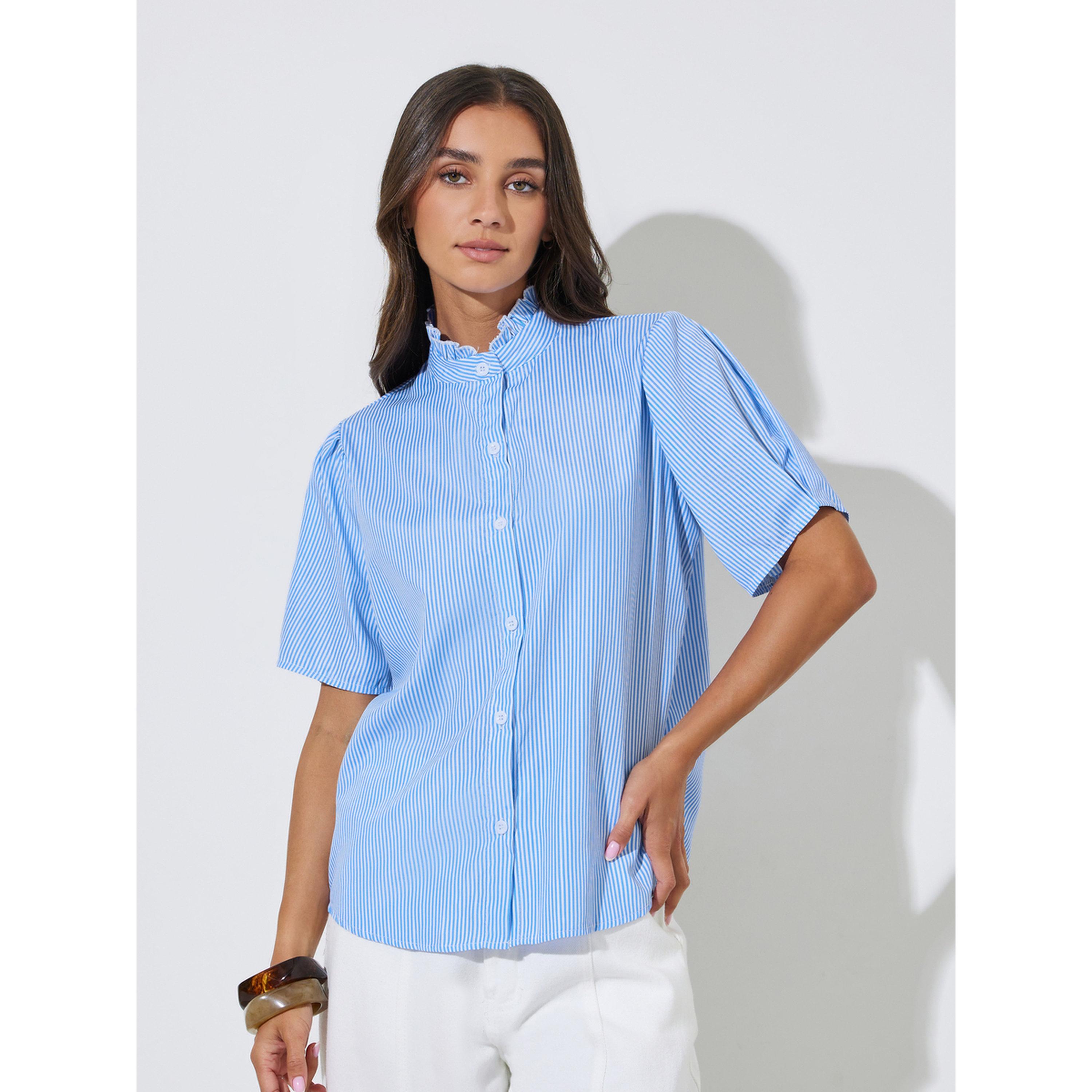 Styli Blue Striped Ruffled High Neck Short Sleeves Shirt-women-clothing-shirtsandblouses-shirts-image-1