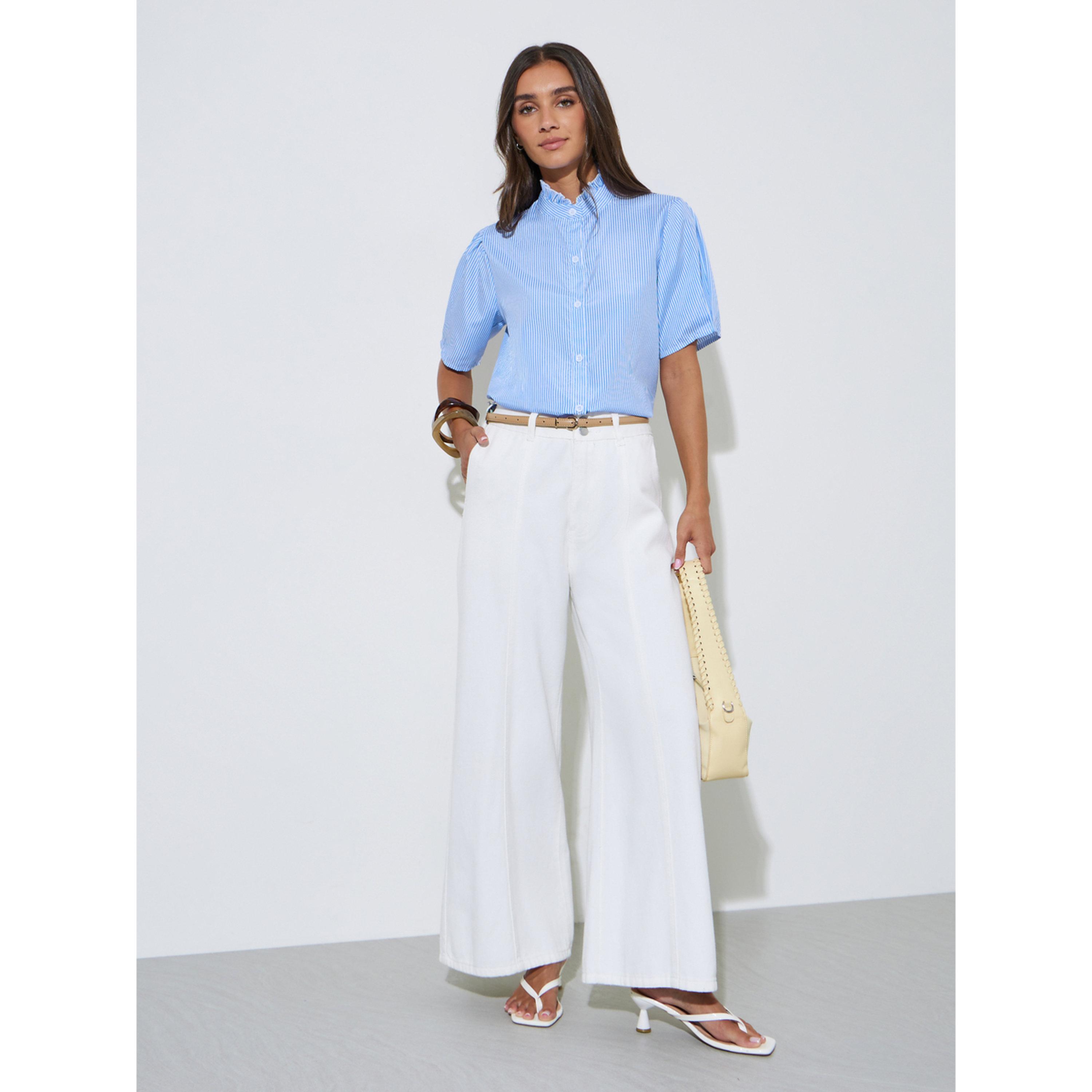 Styli Blue Striped Ruffled High Neck Short Sleeves Shirt-women-clothing-shirtsandblouses-shirts-image-2