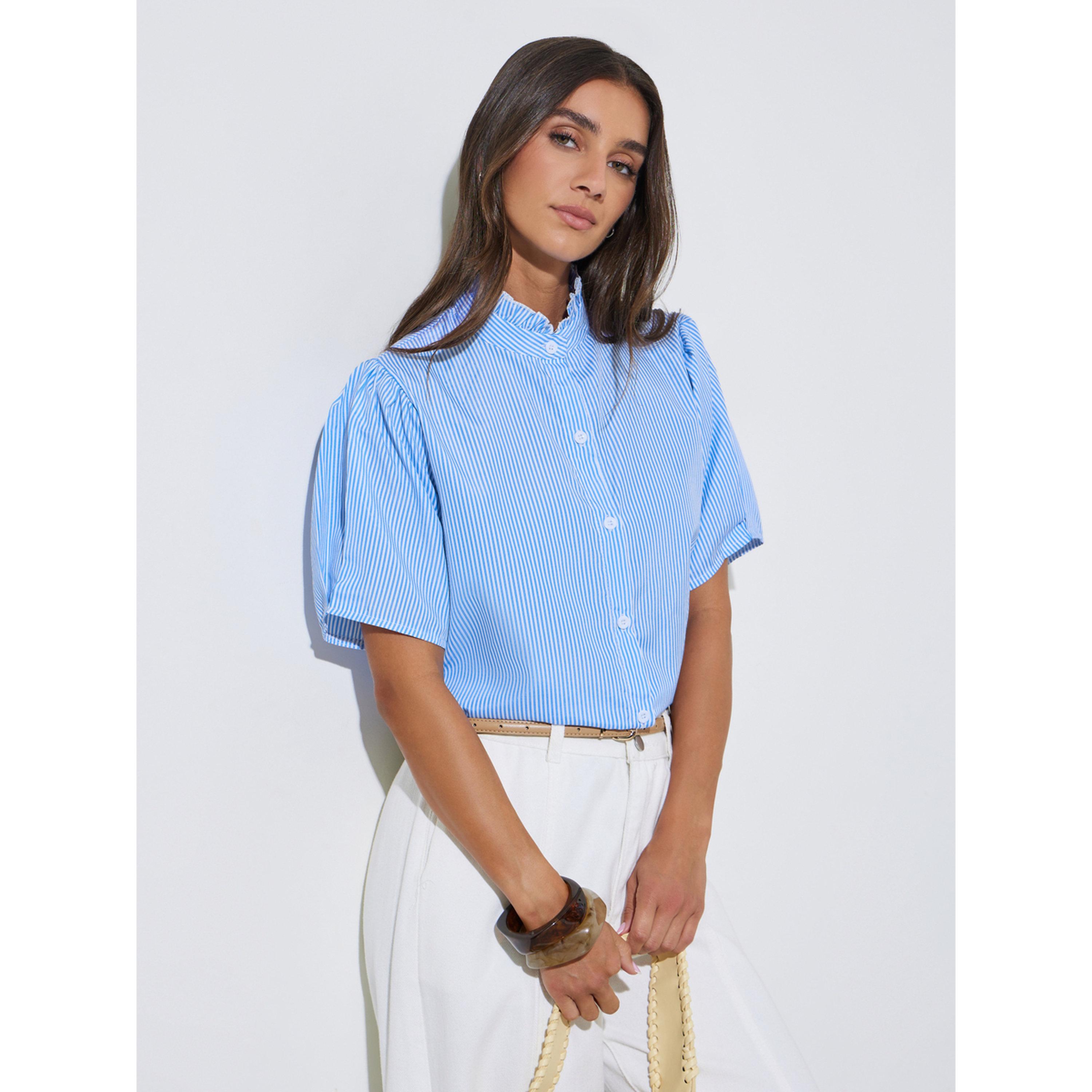 Styli Blue Striped Ruffled High Neck Short Sleeves Shirt-women-clothing-shirtsandblouses-shirts-image-3