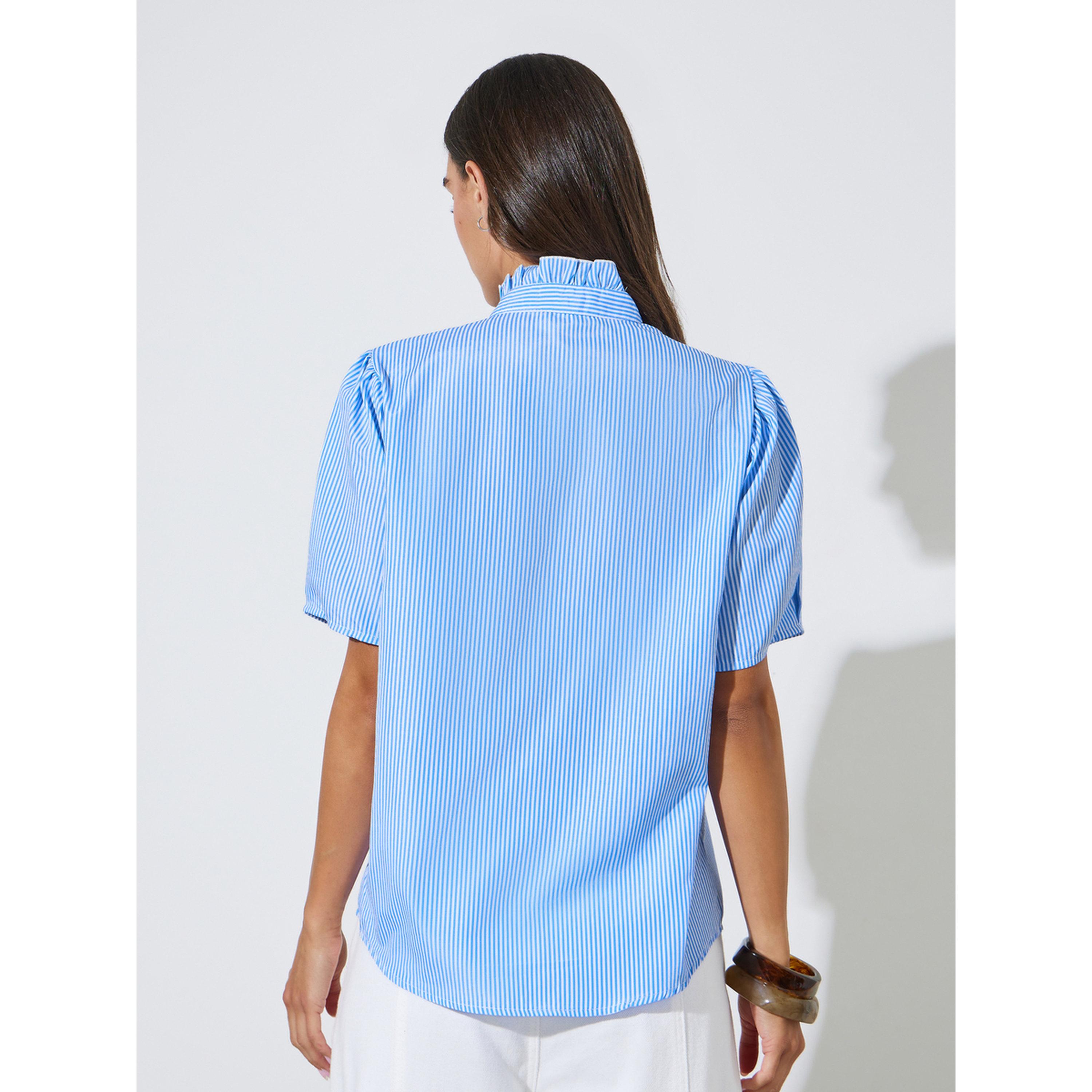 Styli Blue Striped Ruffled High Neck Short Sleeves Shirt-women-clothing-shirtsandblouses-shirts-image-4