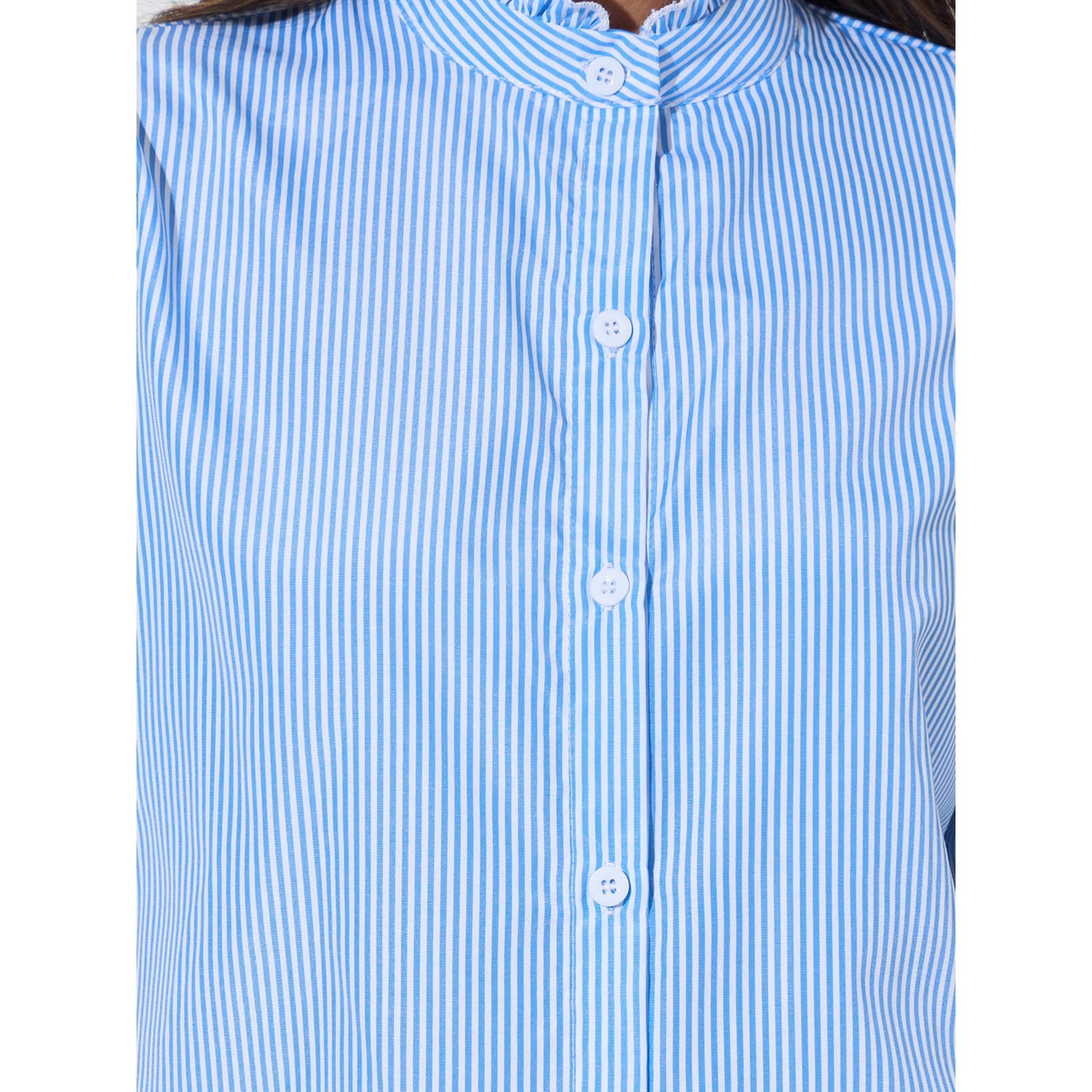 Styli Blue Striped Ruffled High Neck Short Sleeves Shirt-women-clothing-shirtsandblouses-shirts-image-5