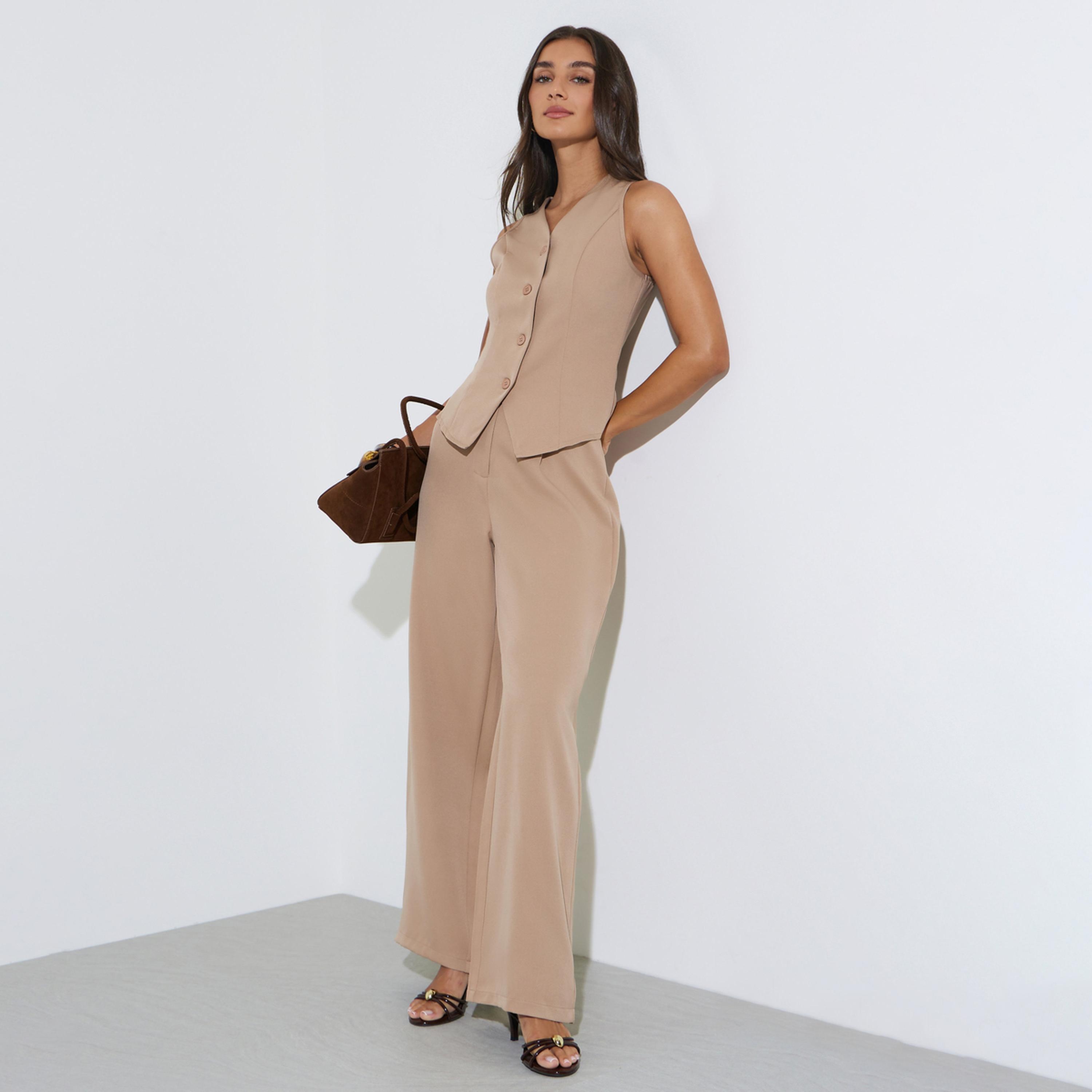 Styli Khaki Solid Waistcoat and Wide-Leg Trousers Co-ord Set-women-clothing-coordsets-image-1