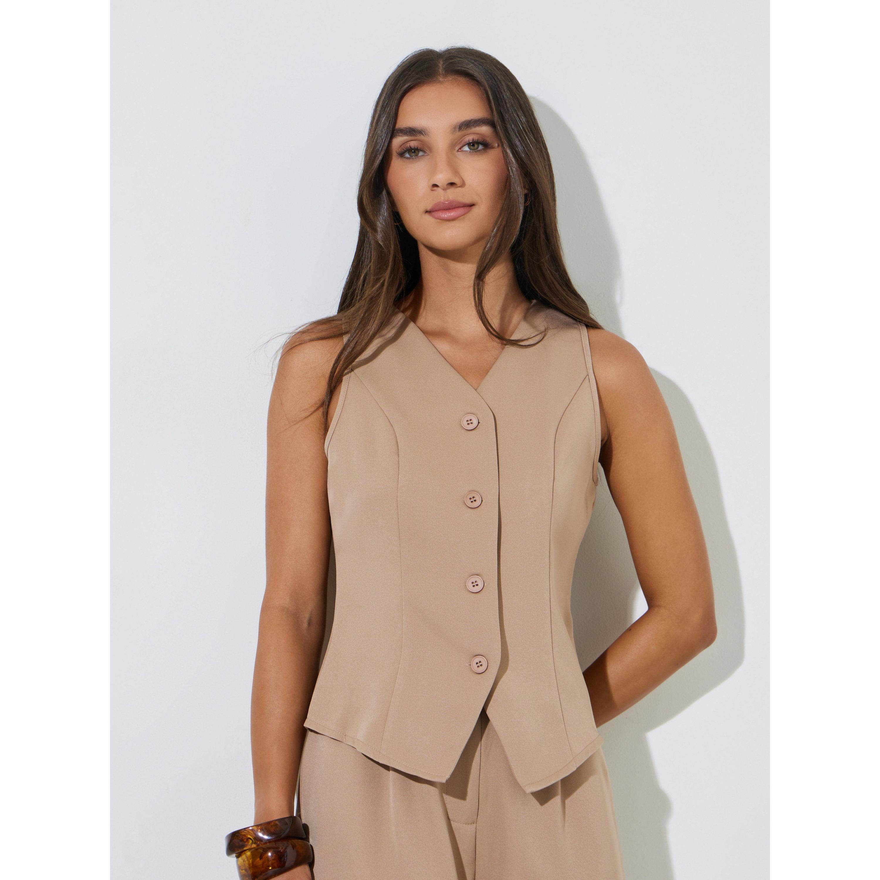 Styli Khaki Solid Waistcoat and Wide-Leg Trousers Co-ord Set-women-clothing-coordsets-image-2