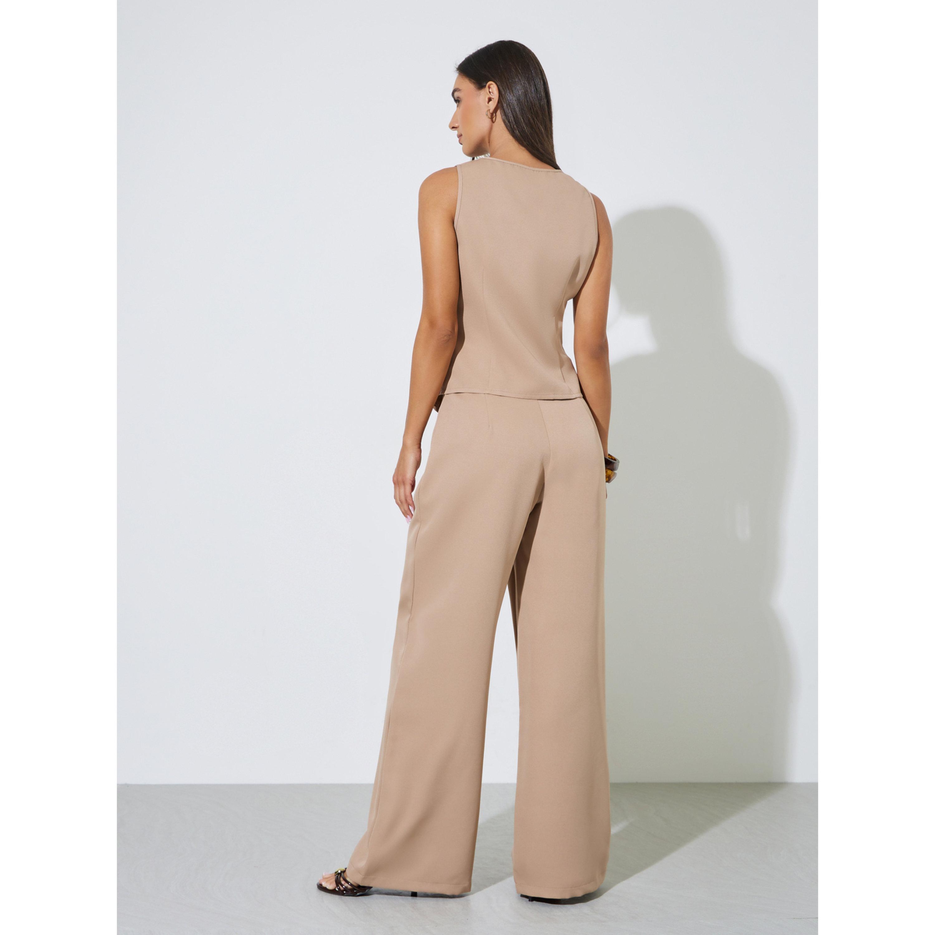 Styli Khaki Solid Waistcoat and Wide-Leg Trousers Co-ord Set-women-clothing-coordsets-image-3