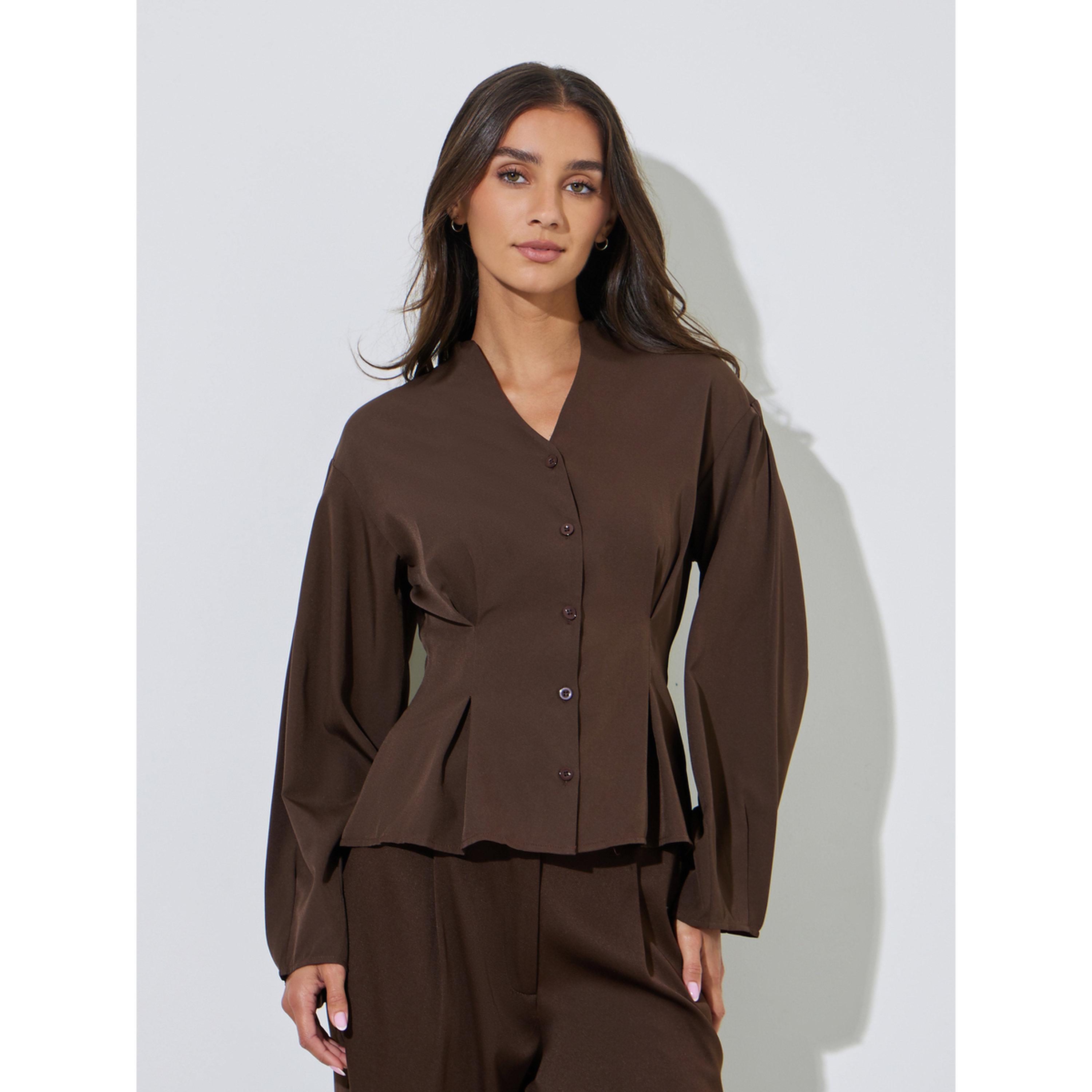 Styli Brown Solid Pleated Details Peplum Blouse-women-clothing-shirtsandblouses-blouses-image-1