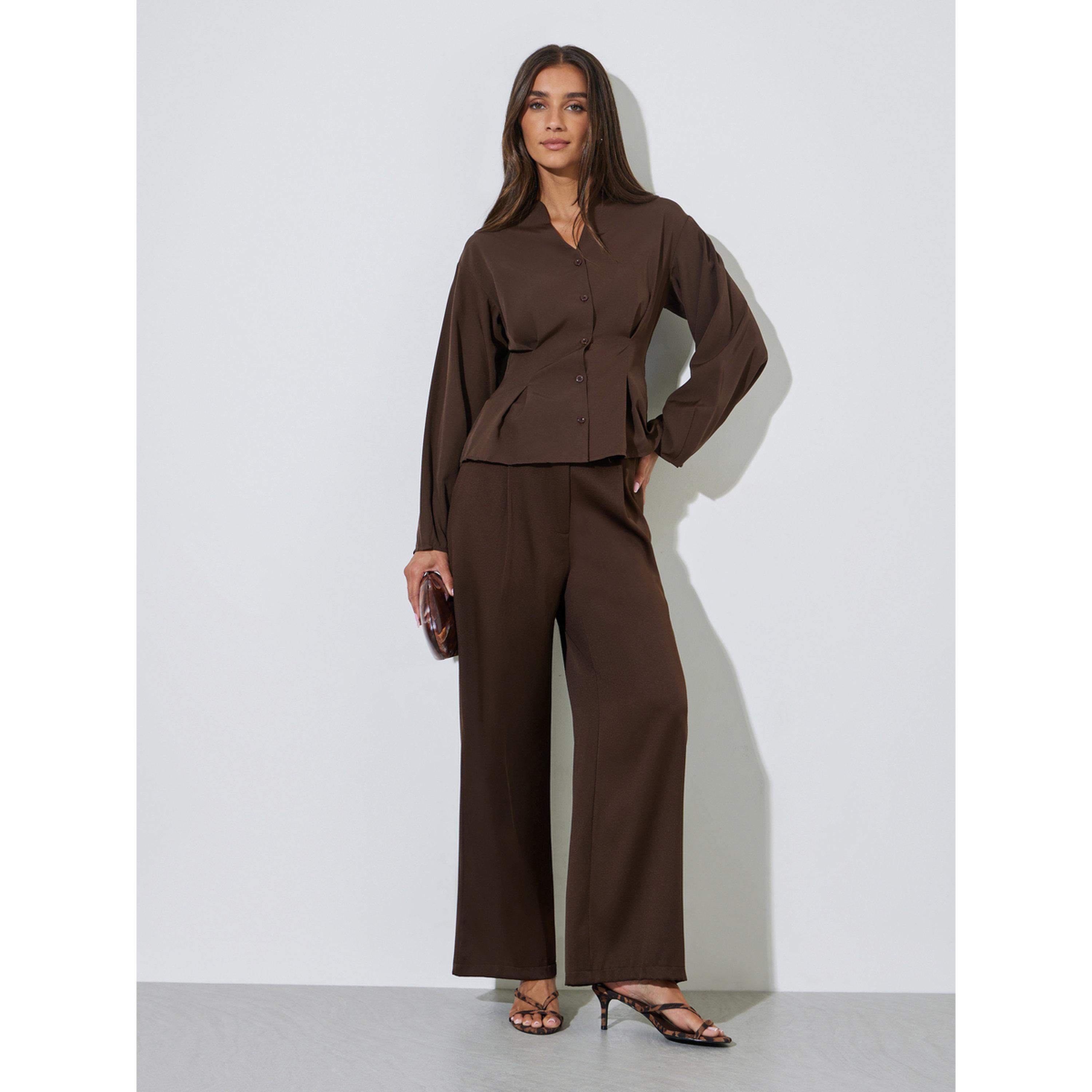 Styli Brown Solid Pleated Details Peplum Blouse-women-clothing-shirtsandblouses-blouses-image-2