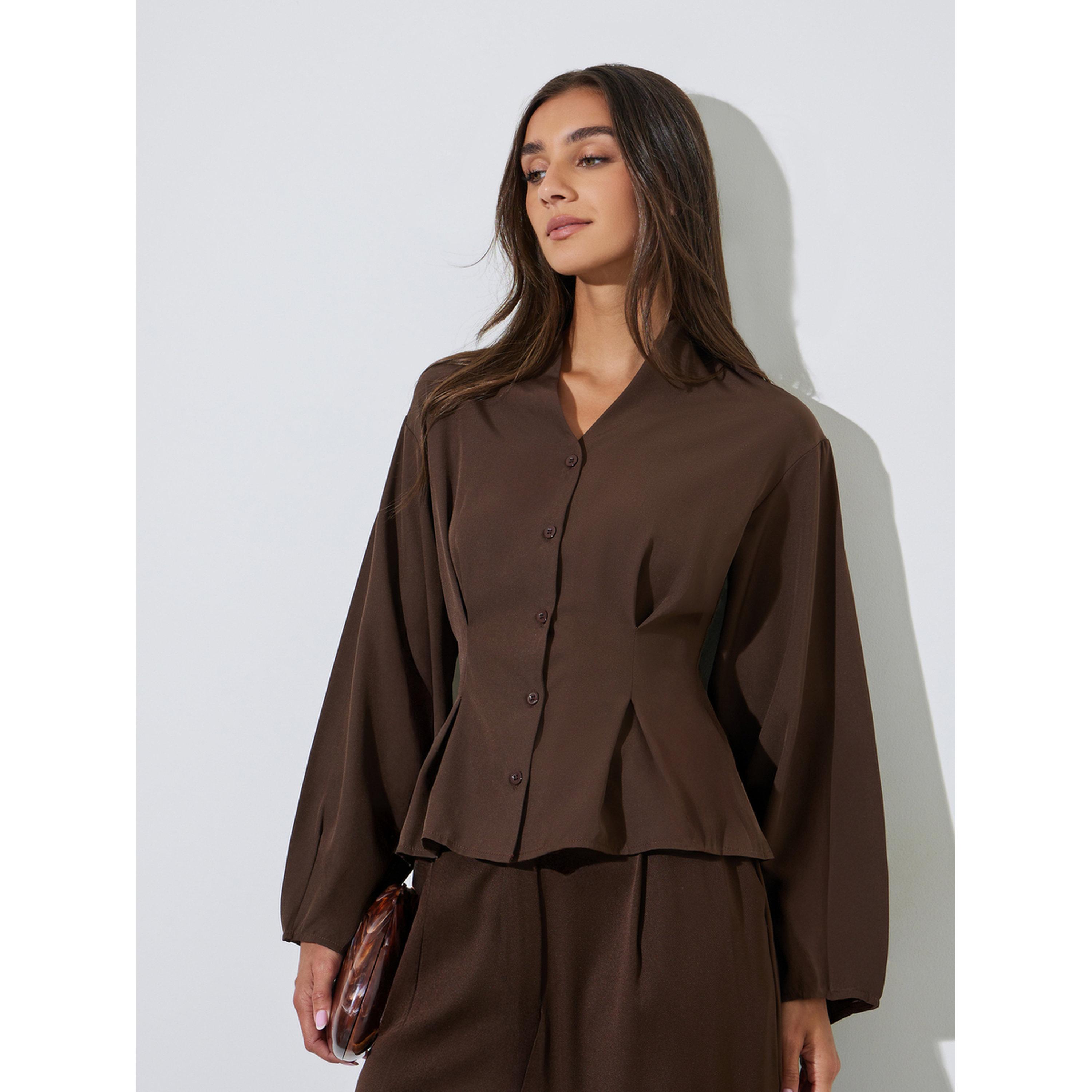Styli Brown Solid Pleated Details Peplum Blouse-women-clothing-shirtsandblouses-blouses-image-3