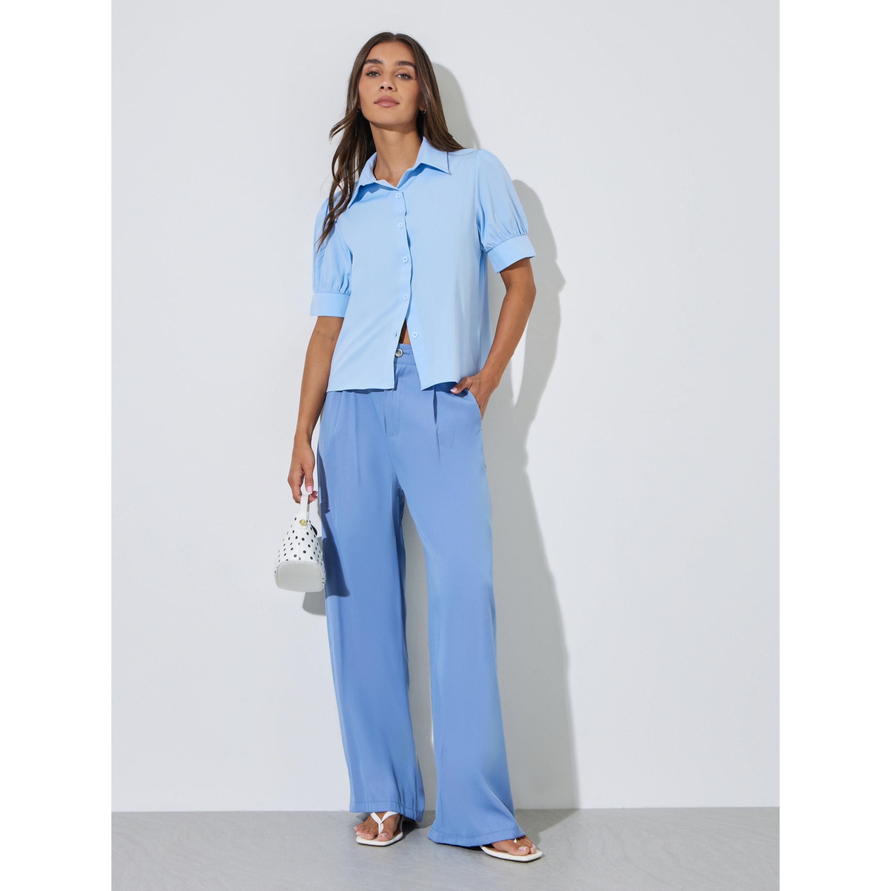 Styli Blue Solid Puff Short Sleeves Shirt-women-clothing-shirtsandblouses-shirts-image-2