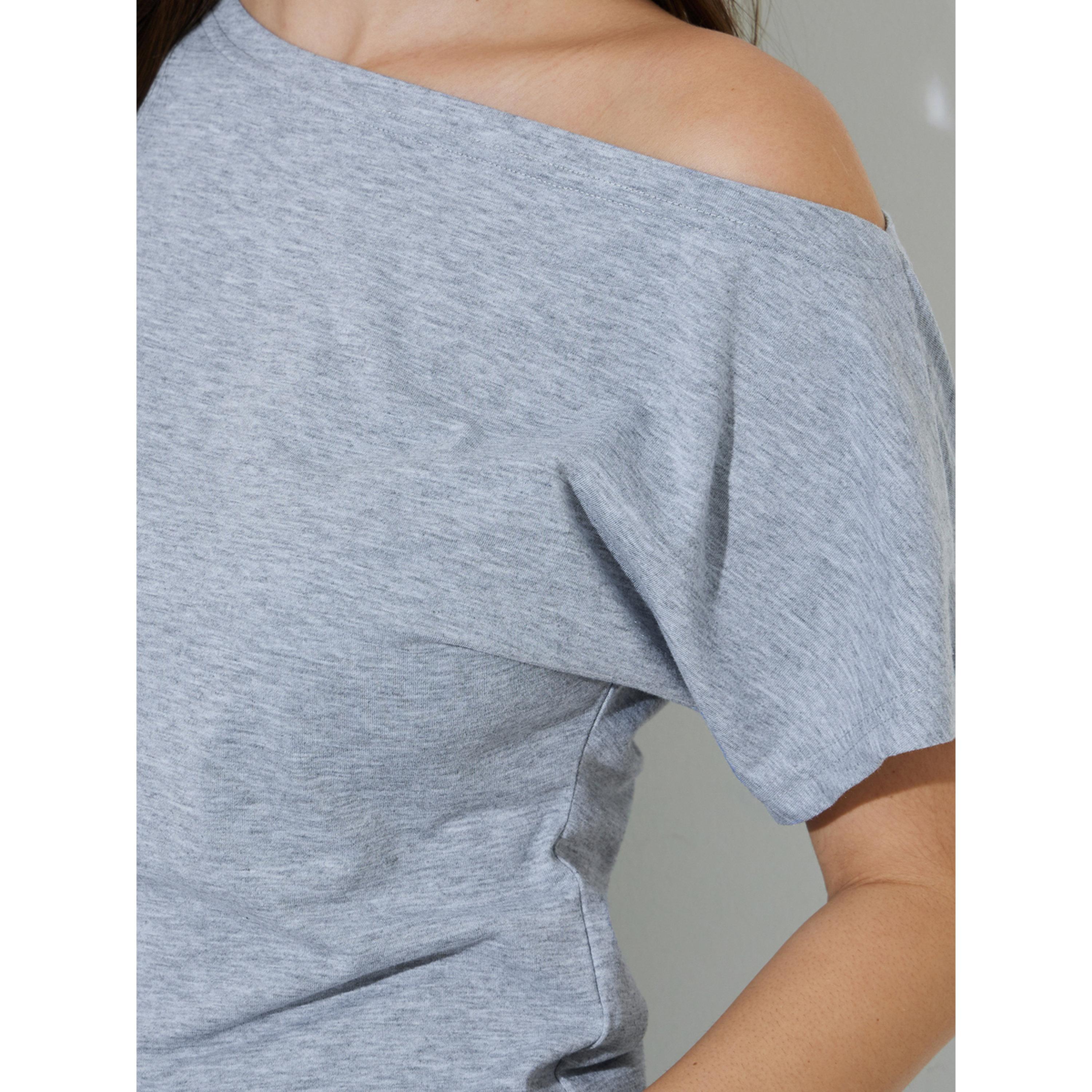 تيشيرت بقصة مستقيمة وكتف غير متماثل سادة باللون الرمادي-women-clothing-tshirts-image-5
