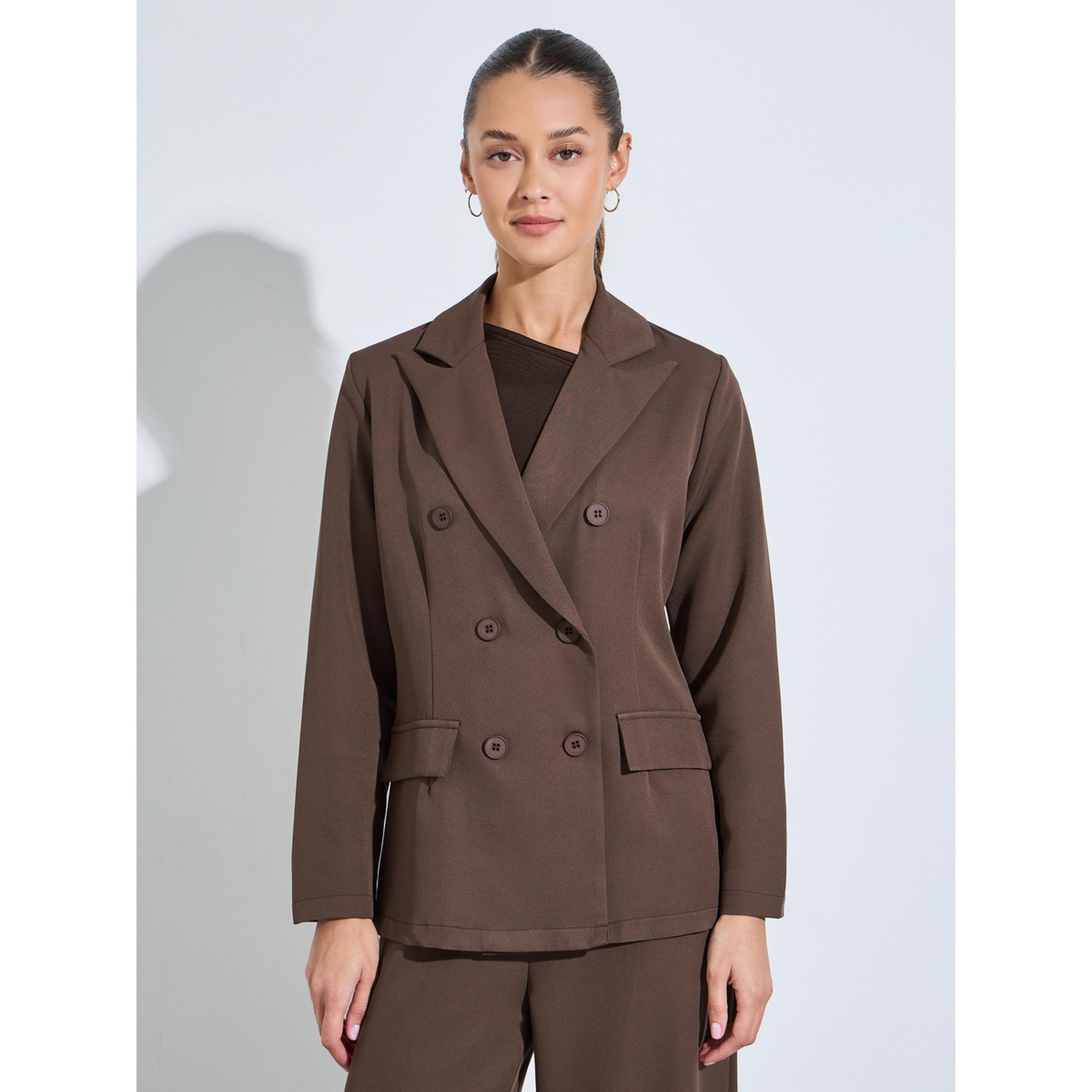 Styli Brown Solid Double-Breasted Blazer and Wide Leg Pants Set-women-clothing-coordsets-image-2