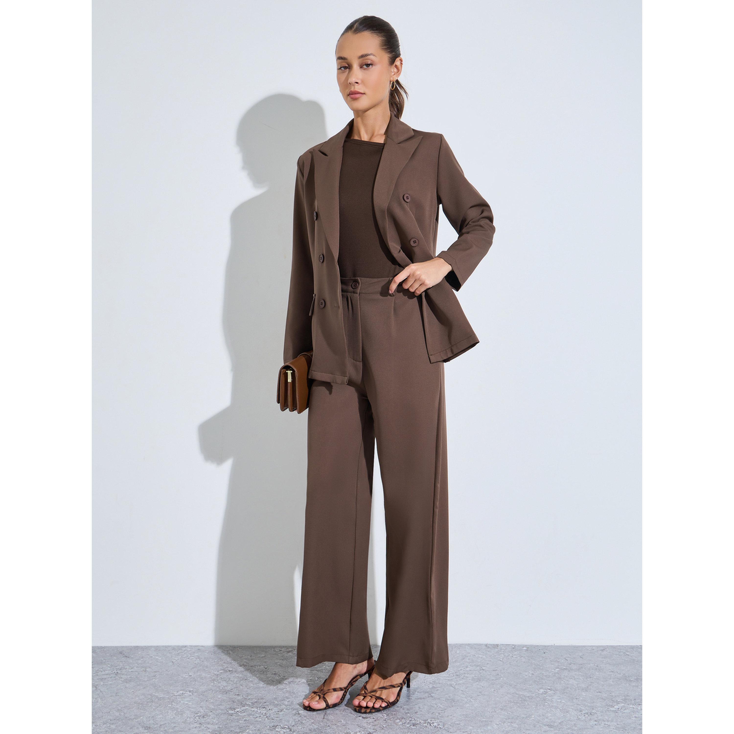 Styli Brown Solid Double-Breasted Blazer and Wide Leg Pants Set-women-clothing-coordsets-image-3