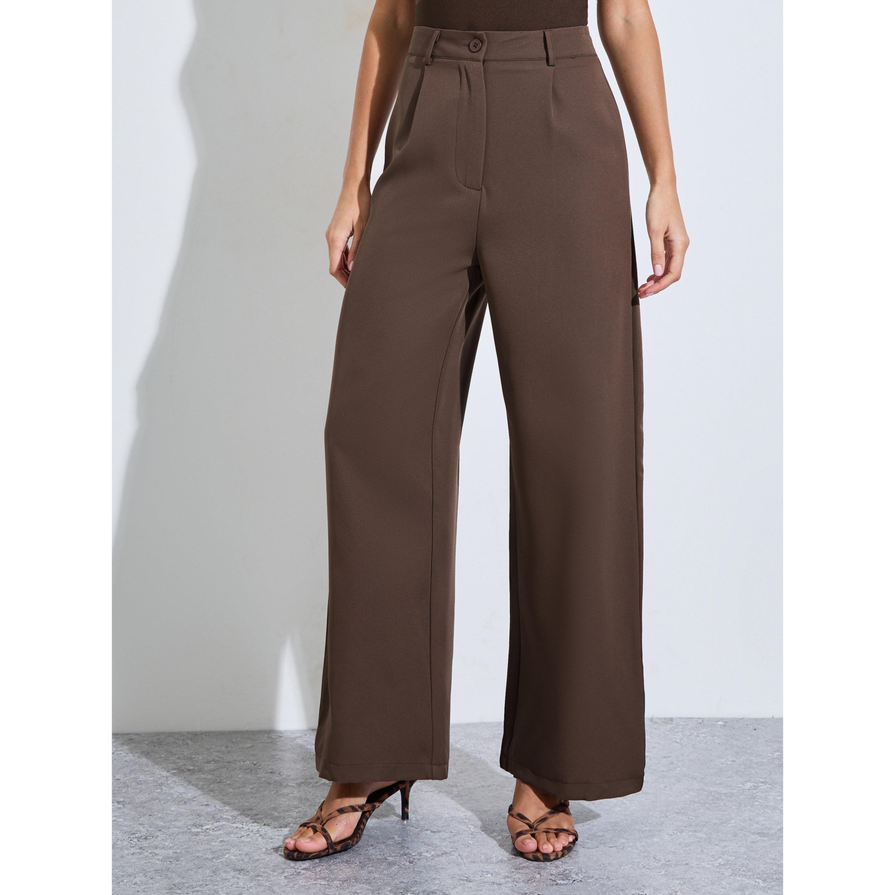 مجموعة من بنطال بأرجل واسعة وبليزر بصفين من الأزرار سادة باللون البني-women-clothing-coordsets-image-5