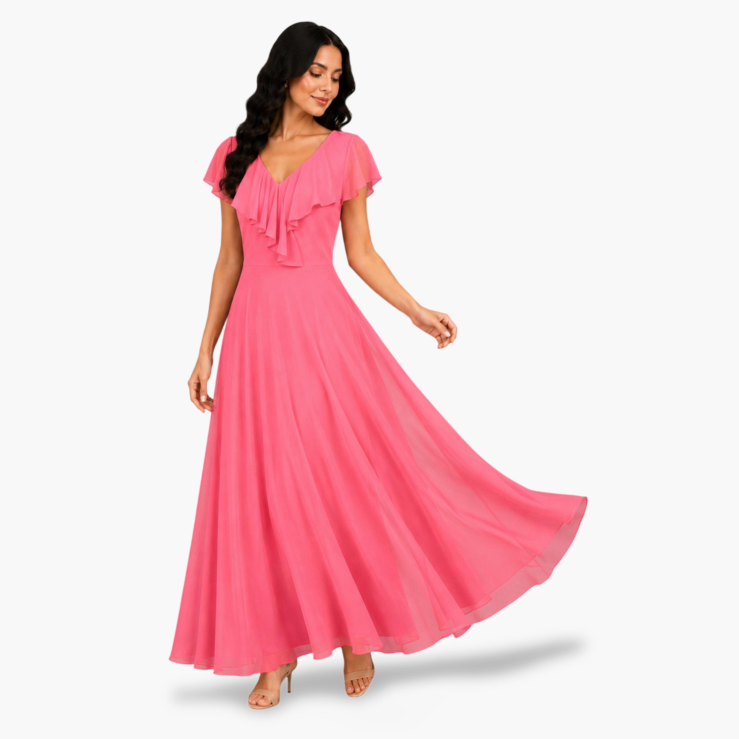 HOUSE OF RAELI X Styli Pink Georgette Ruffled Maxi Dress-women-clothing-dresses-image-1