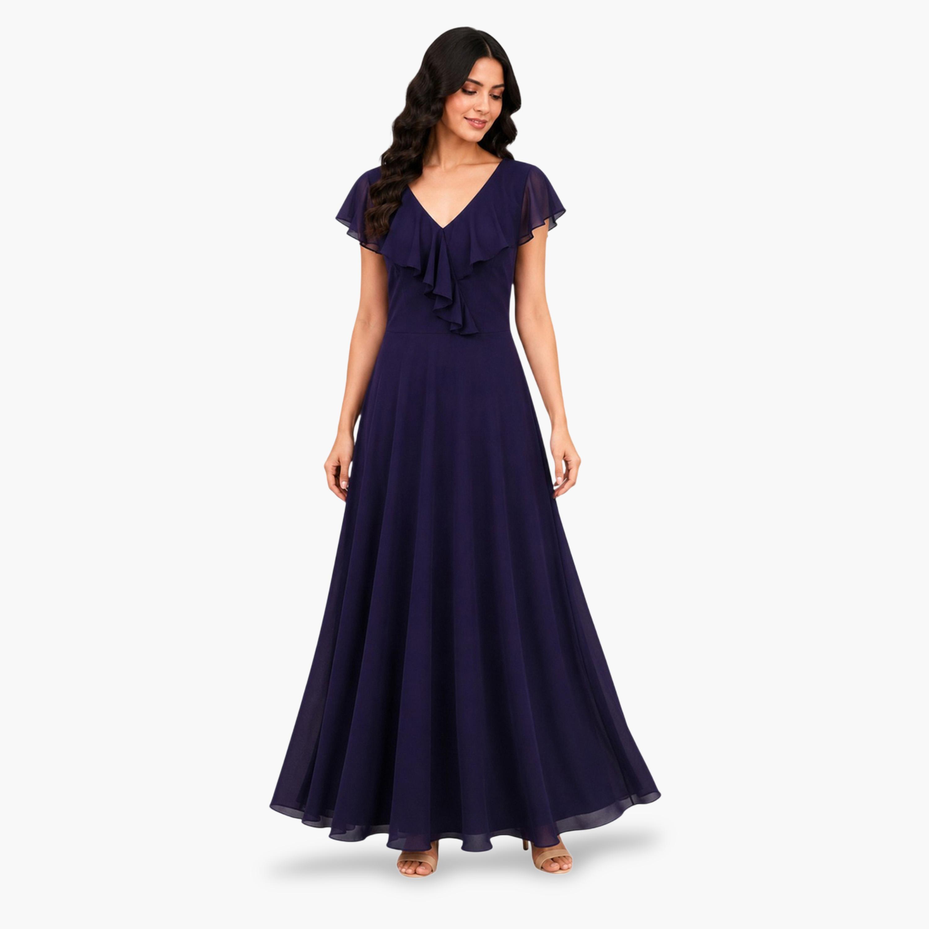 فستان طويل جورجيت بكشكشة باللون البنفسجي-women-clothing-dresses-image-1