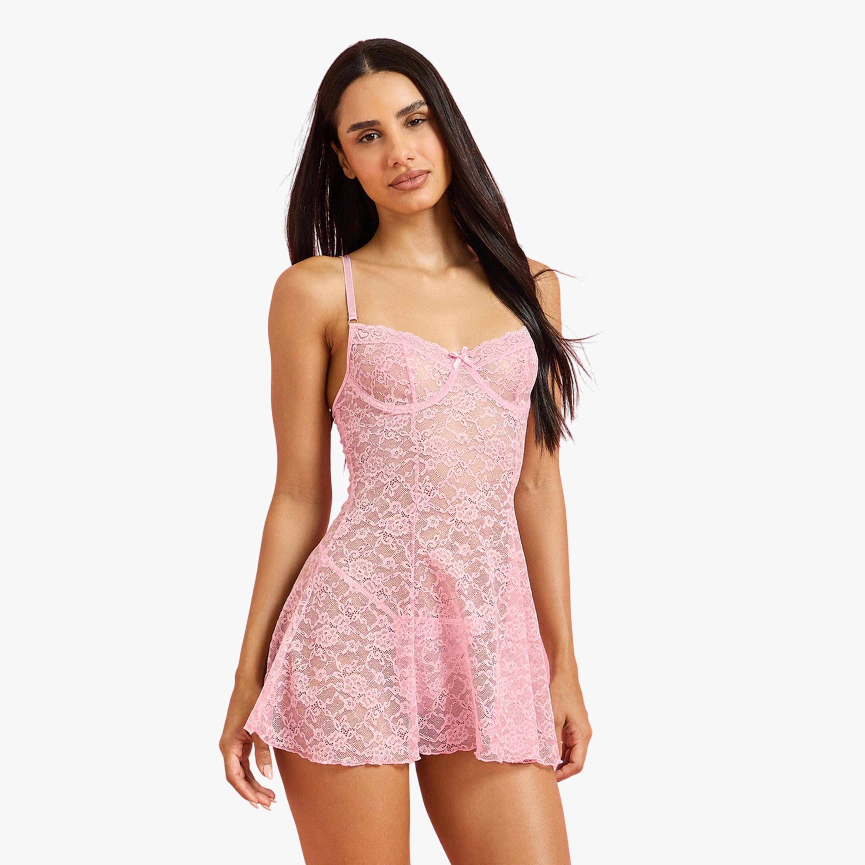 بيبي دول بسروال داخلي وتفاصيل دانتيل بنمط زهور - وردي فاتح-women-clothing-lingerie-lingeriesets-image-1