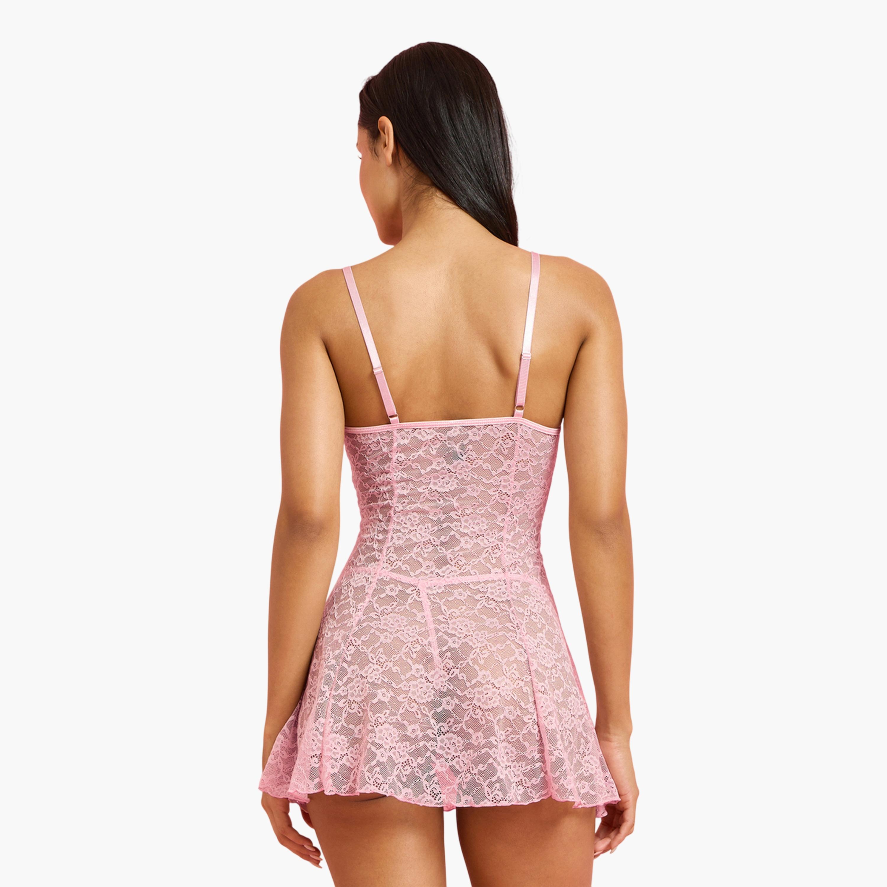 بيبي دول بسروال داخلي وتفاصيل دانتيل بنمط زهور - وردي فاتح-women-clothing-lingerie-lingeriesets-image-3