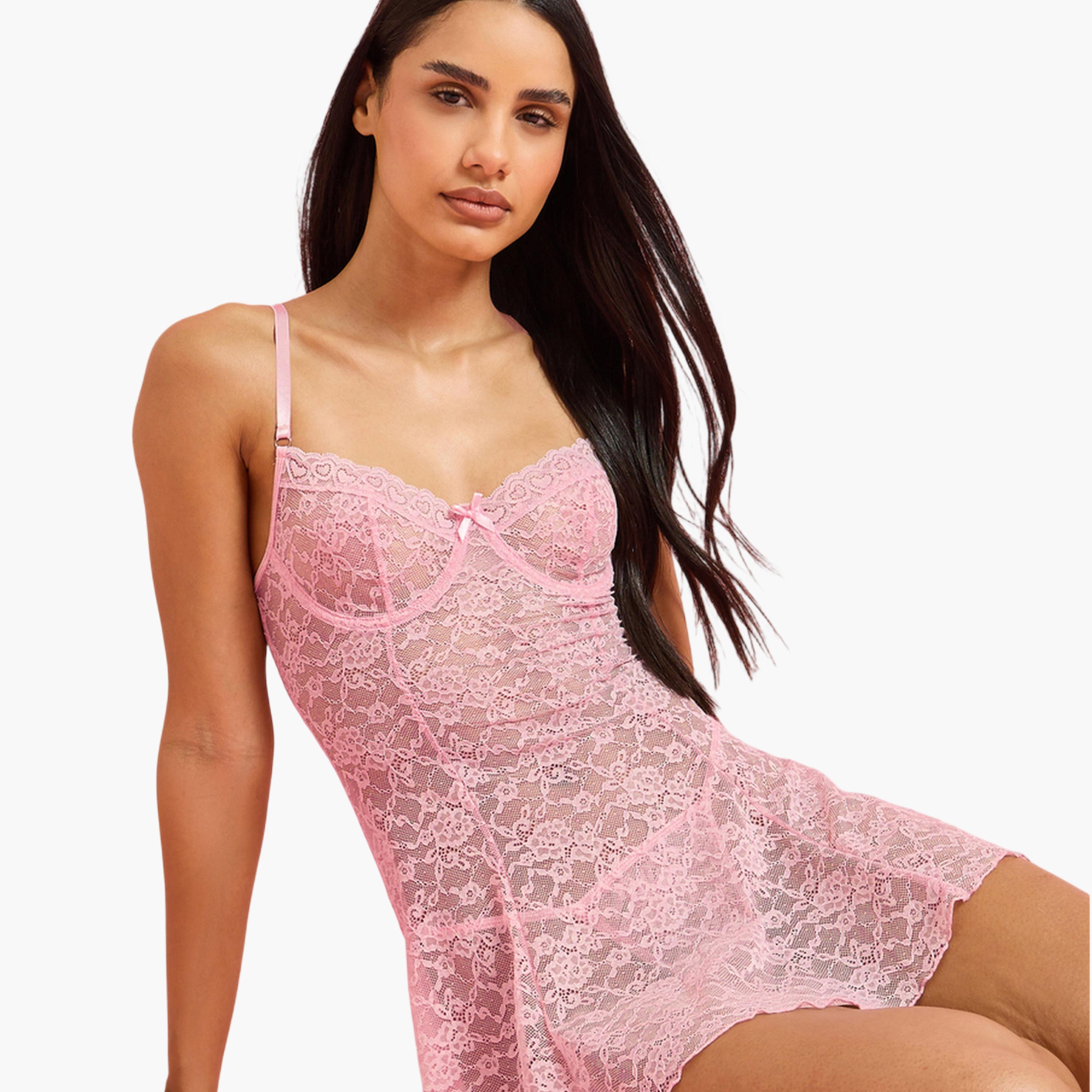 بيبي دول بسروال داخلي وتفاصيل دانتيل بنمط زهور - وردي فاتح-women-clothing-lingerie-lingeriesets-image-4