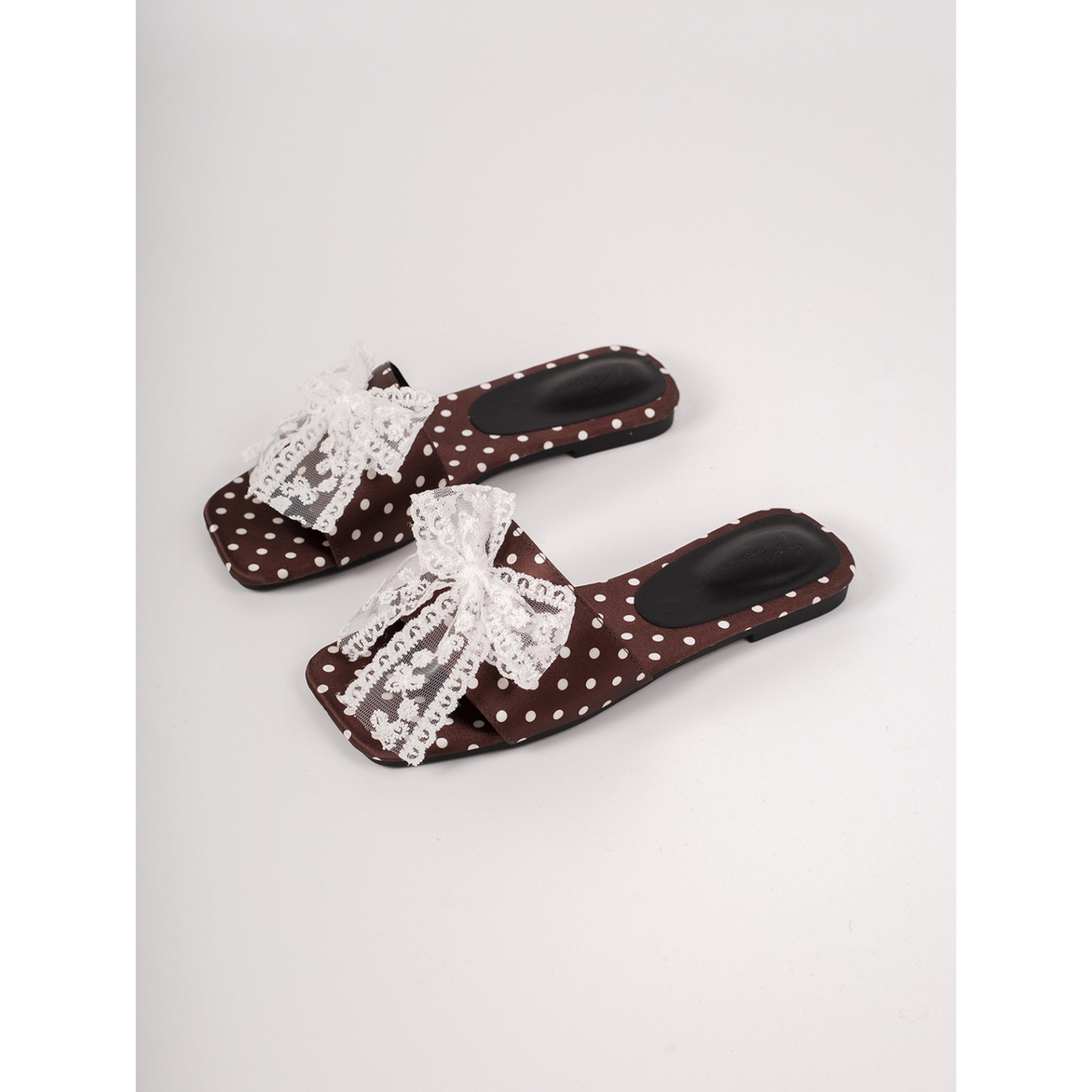 Take Two Brown Polka Dot Lace Bow Flat Sandals-women-shoes-sandals-flats-image-1