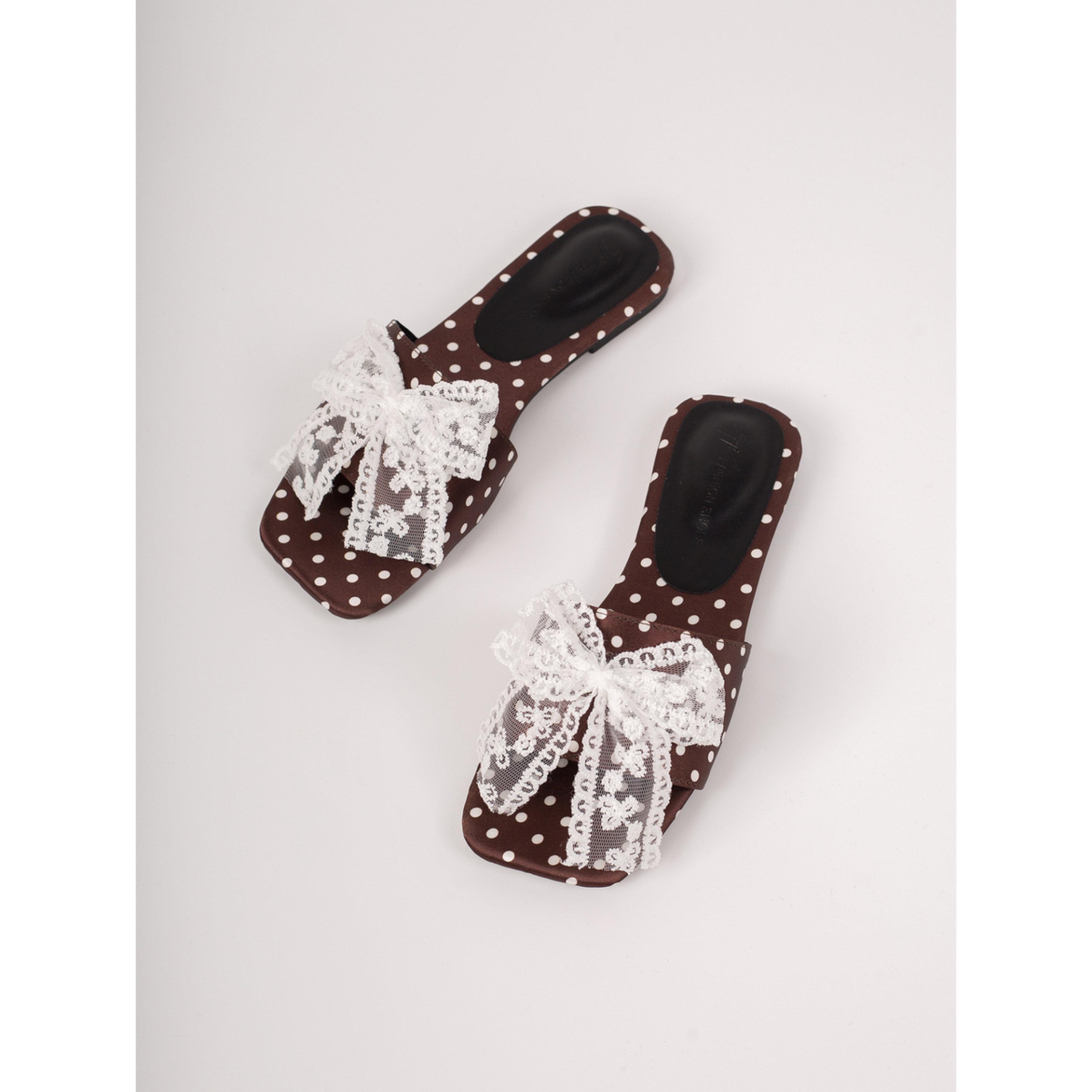 Take Two Brown Polka Dot Lace Bow Flat Sandals-women-shoes-sandals-flats-image-2