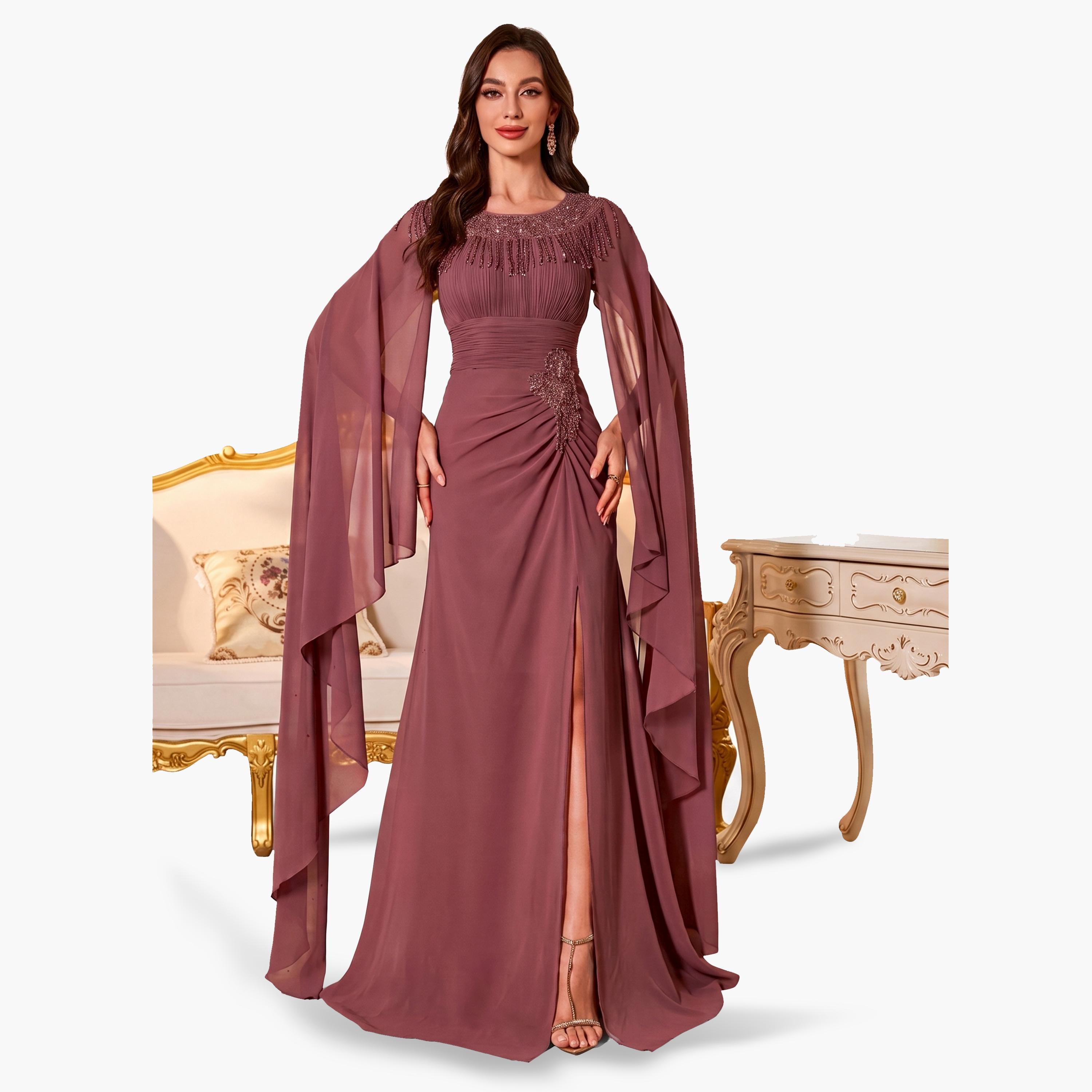 SUPGIR X Styli Rust Maxi Dress with Beaded Cape Sleeves-women-clothing-dresses-image-1