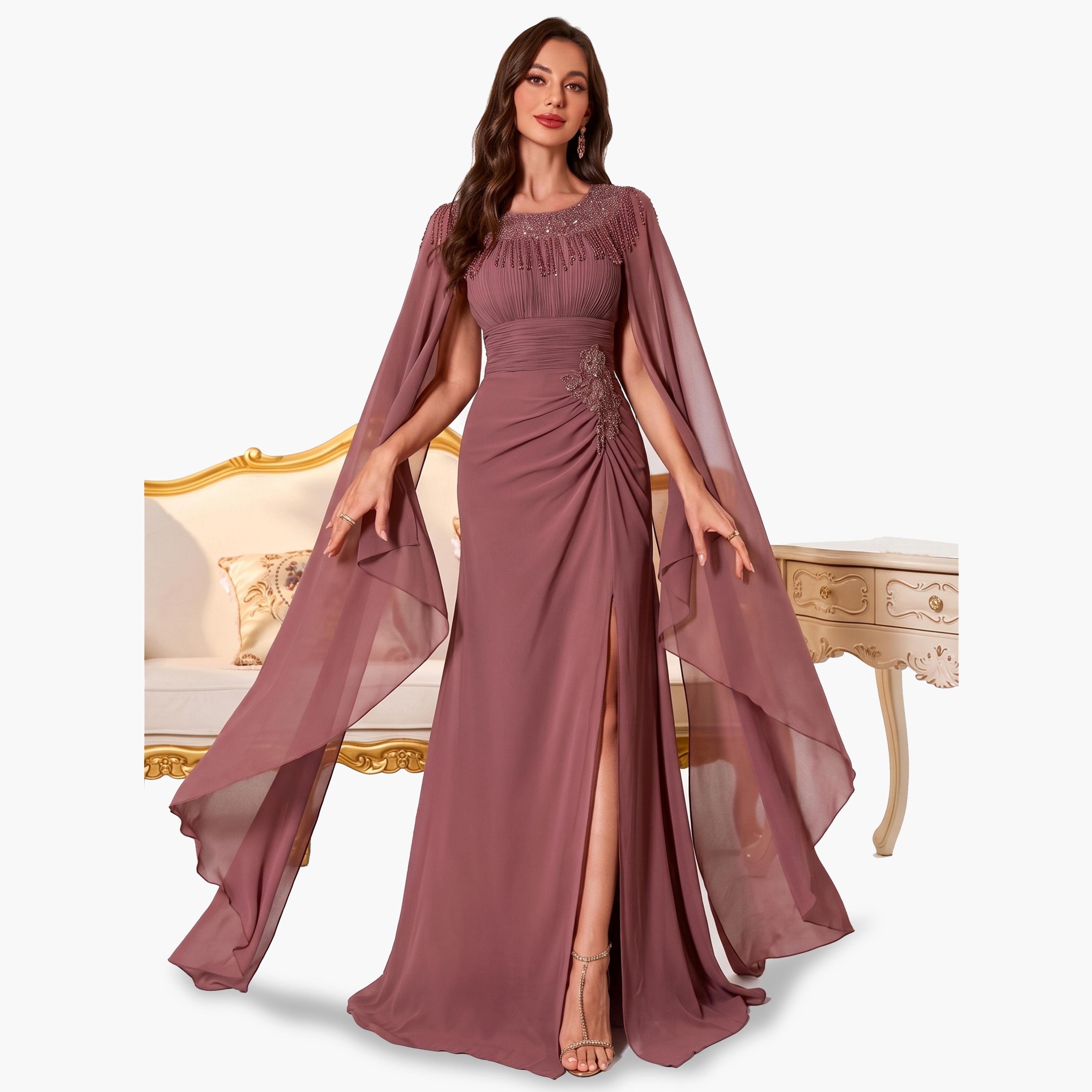 SUPGIR X Styli Rust Maxi Dress with Beaded Cape Sleeves-women-clothing-dresses-image-3