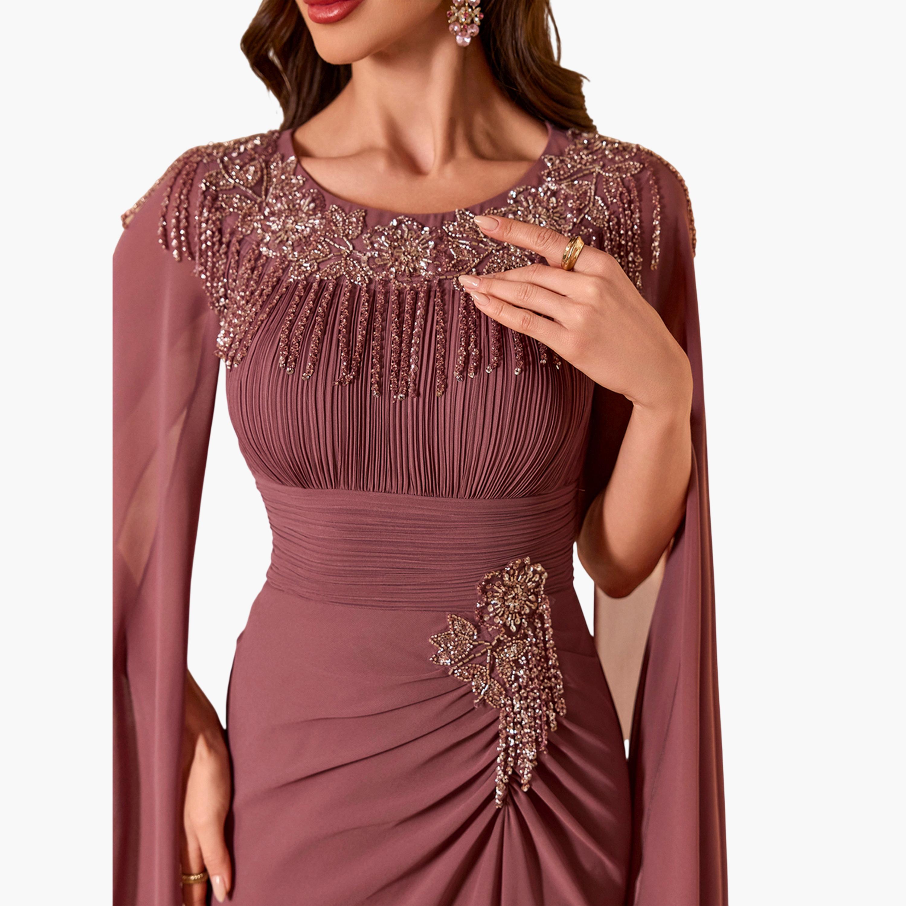 SUPGIR X Styli Rust Maxi Dress with Beaded Cape Sleeves-women-clothing-dresses-image-6