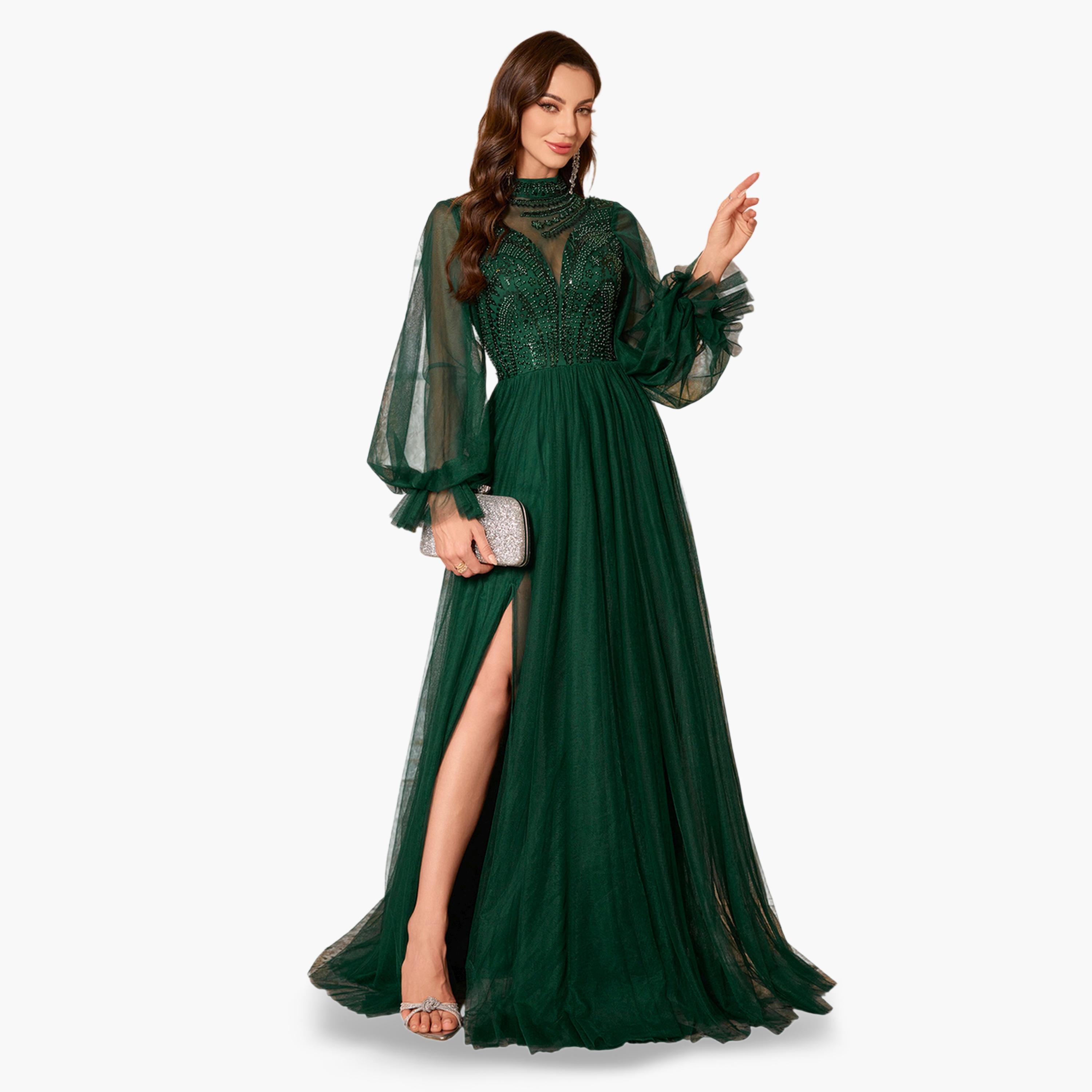 SUPGIR X Styli Dark Green Beaded Sequin Mesh Maxi Dress-women-clothing-dresses-image-1