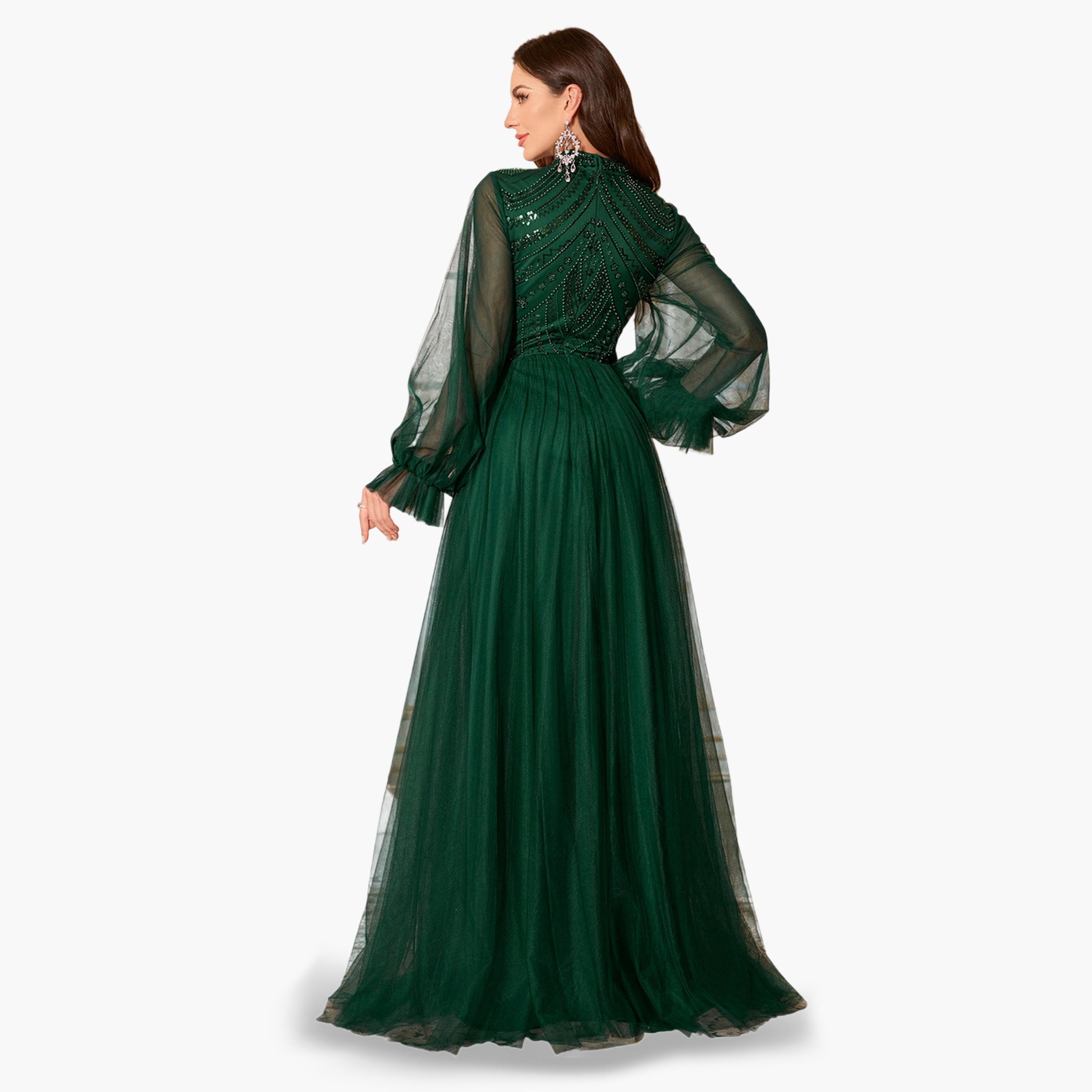 SUPGIR X Styli Dark Green Beaded Sequin Mesh Maxi Dress-women-clothing-dresses-image-2