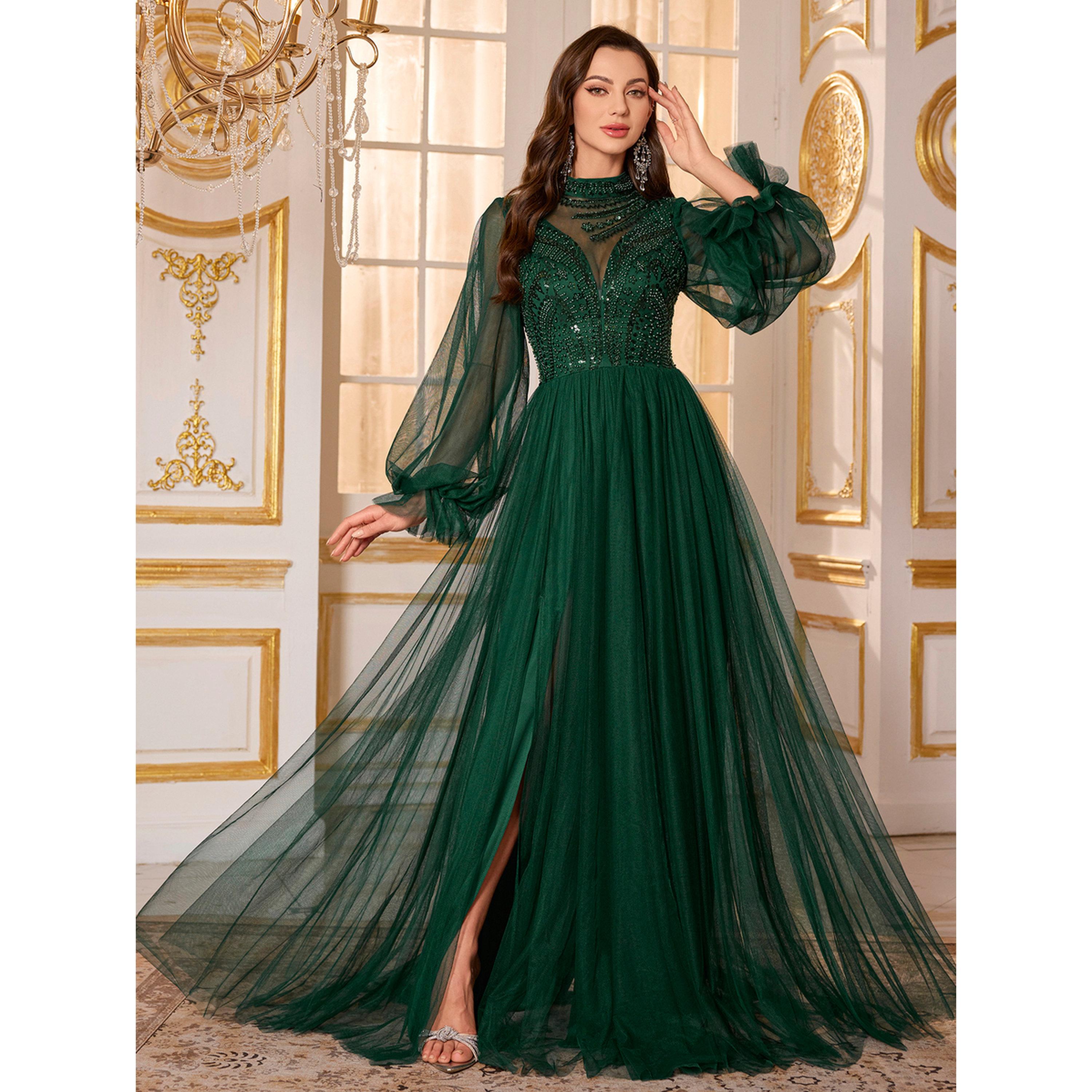 SUPGIR X Styli Dark Green Beaded Sequin Mesh Maxi Dress-women-clothing-dresses-image-3