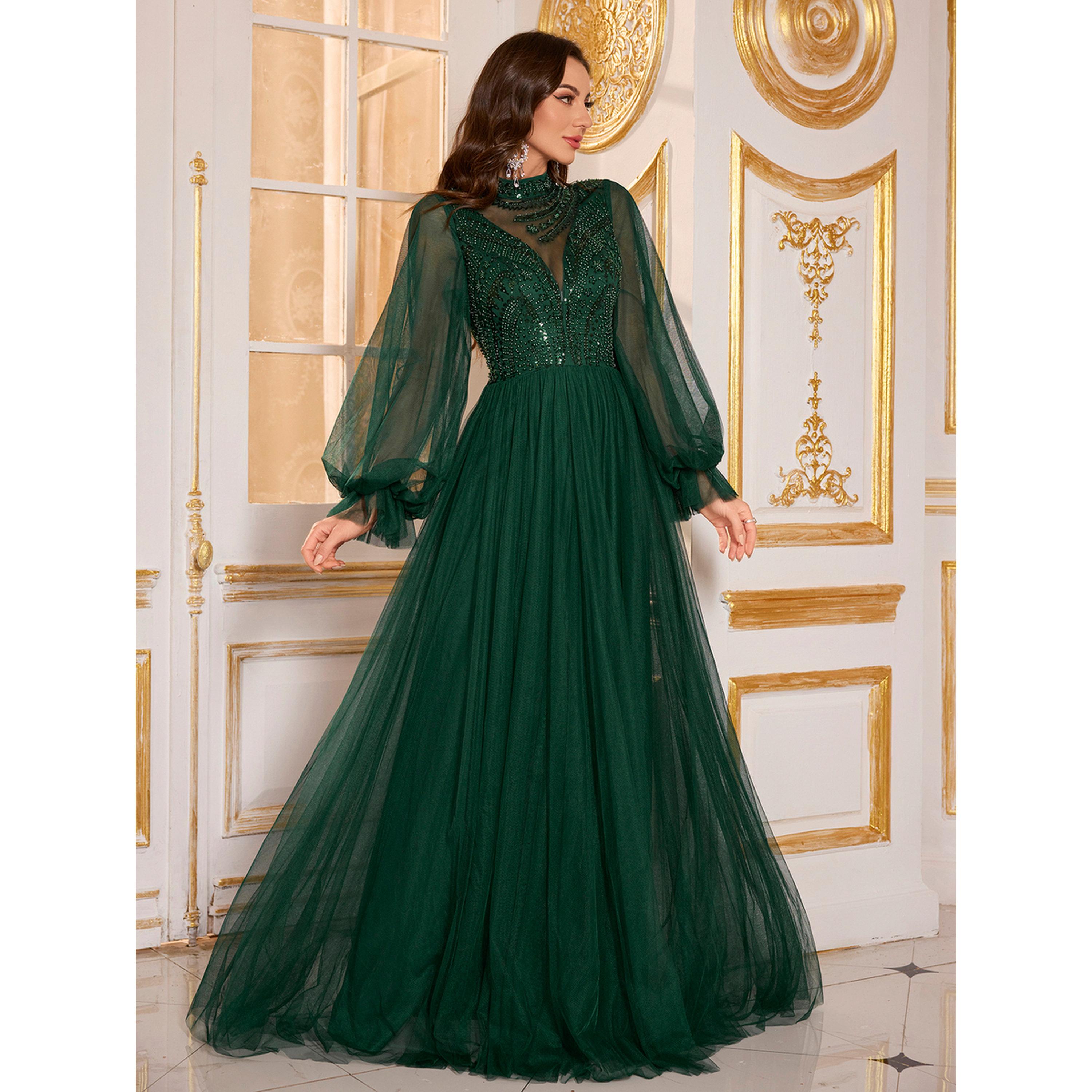 SUPGIR X Styli Dark Green Beaded Sequin Mesh Maxi Dress-women-clothing-dresses-image-5