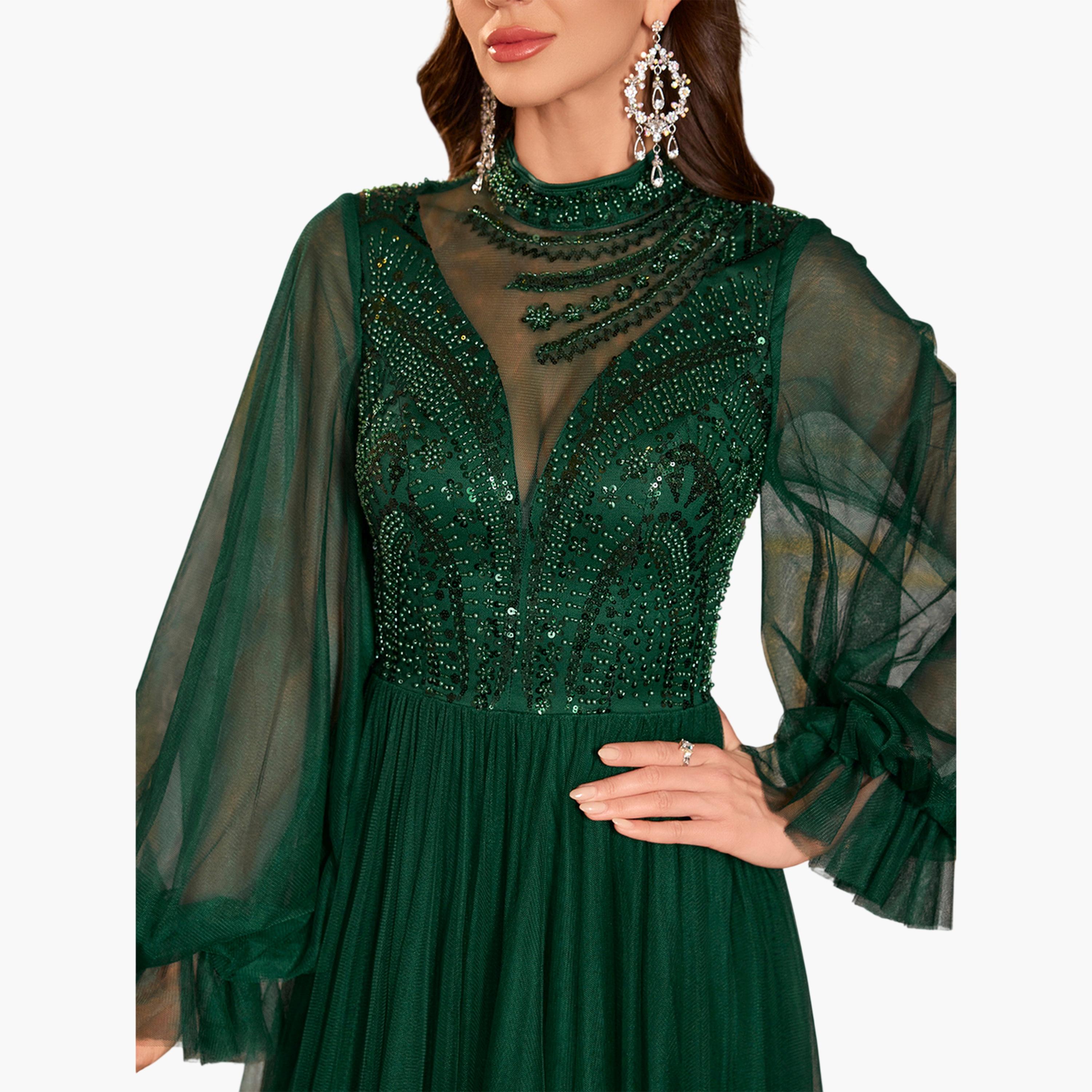 SUPGIR X Styli Dark Green Beaded Sequin Mesh Maxi Dress-women-clothing-dresses-image-6