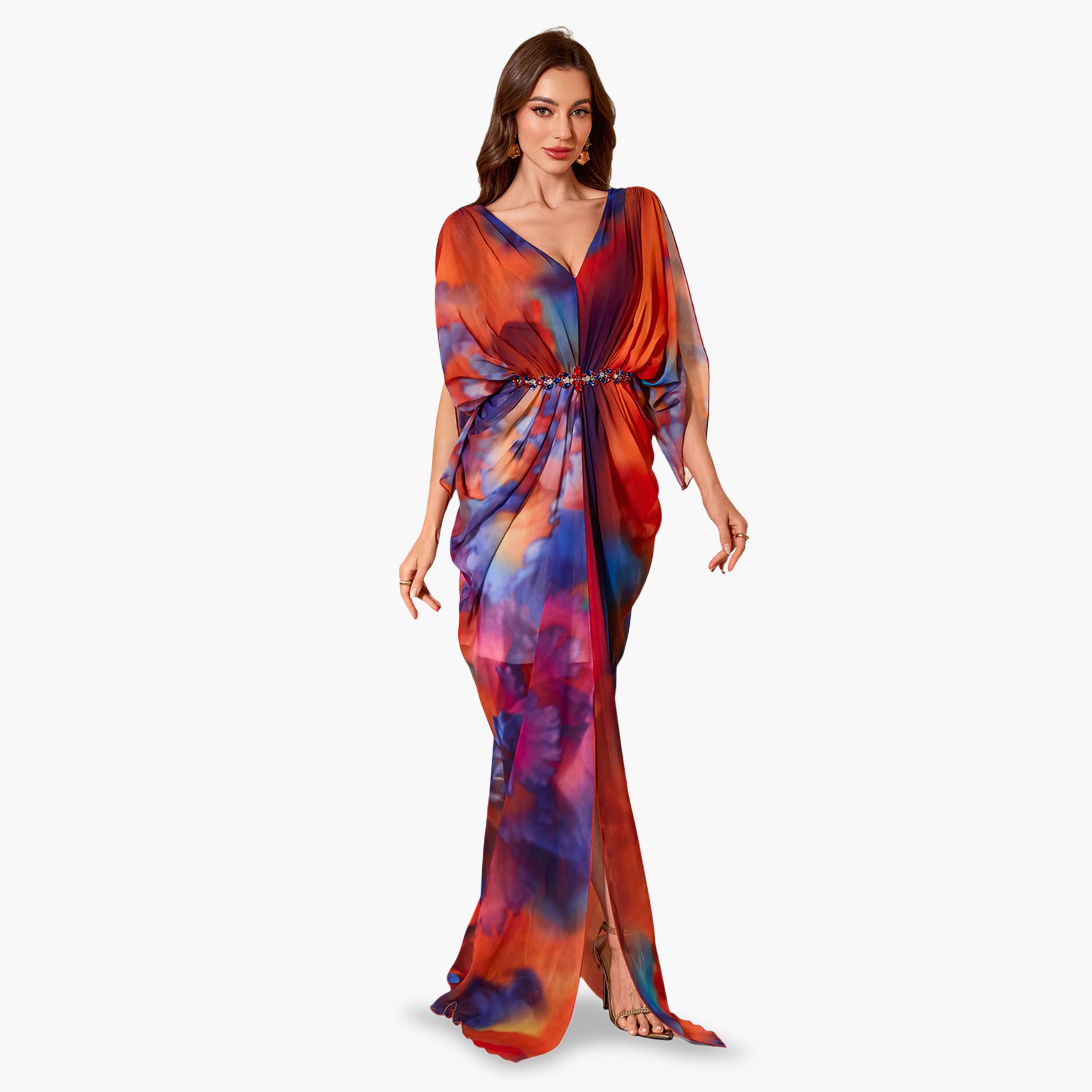 SUPGIR X Styli Red Tie-Dye Print A-Line Maxi Evening Dress-women-clothing-dresses-image-1