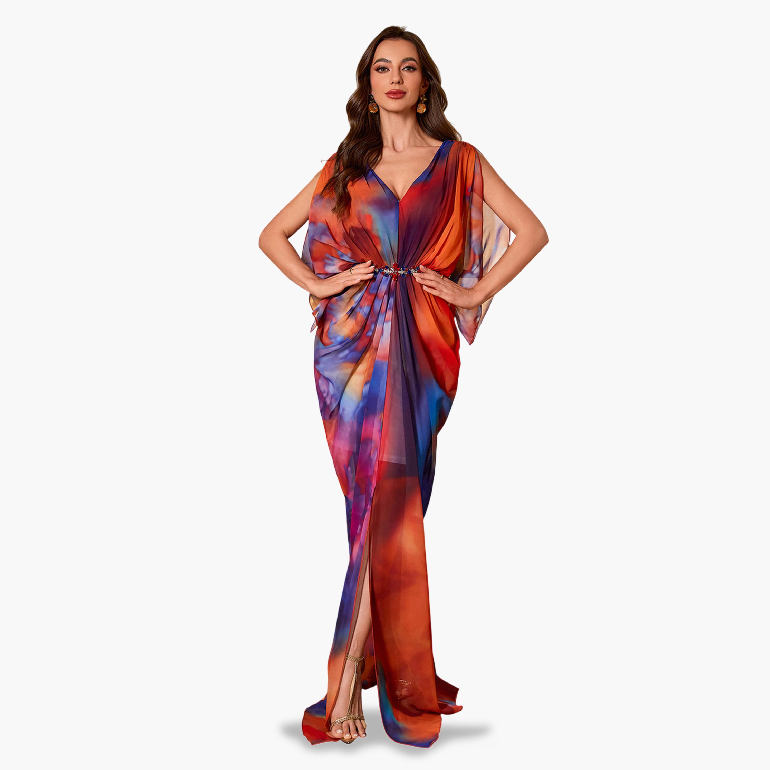 فستان سهرة طويل بحافة واسعة وطبعة تاي داي-women-clothing-dresses-image-3