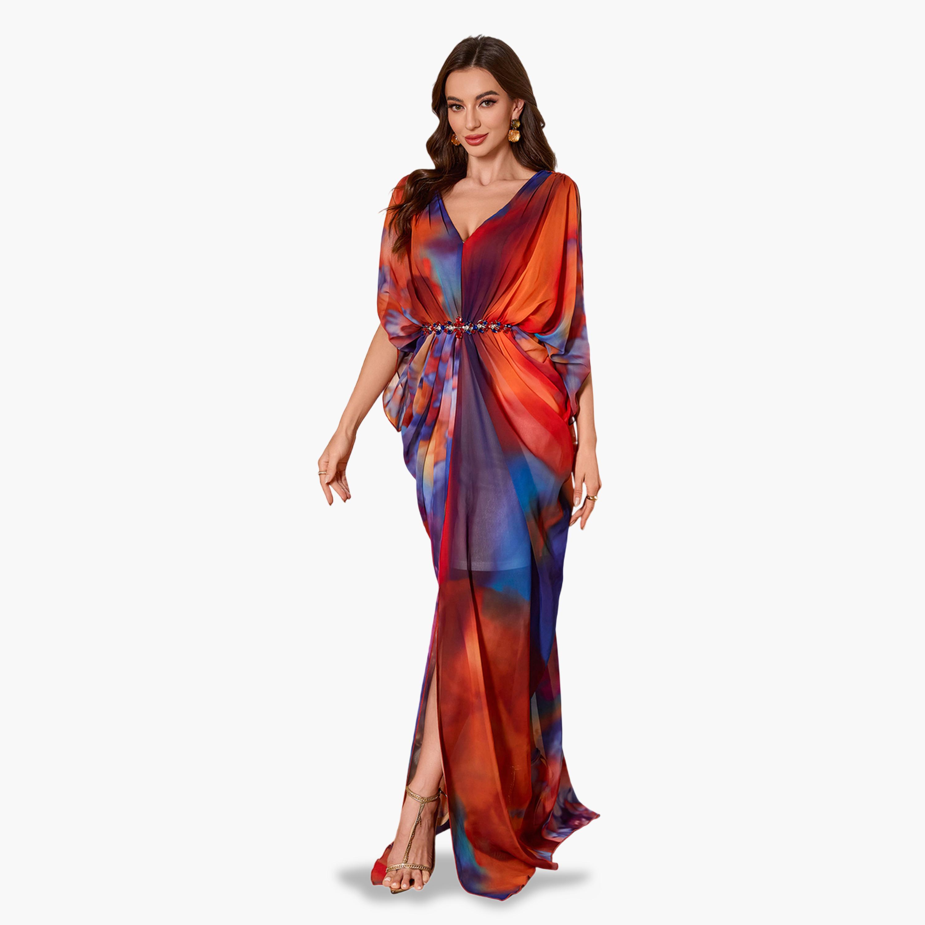 فستان سهرة طويل بحافة واسعة وطبعة تاي داي-women-clothing-dresses-image-4