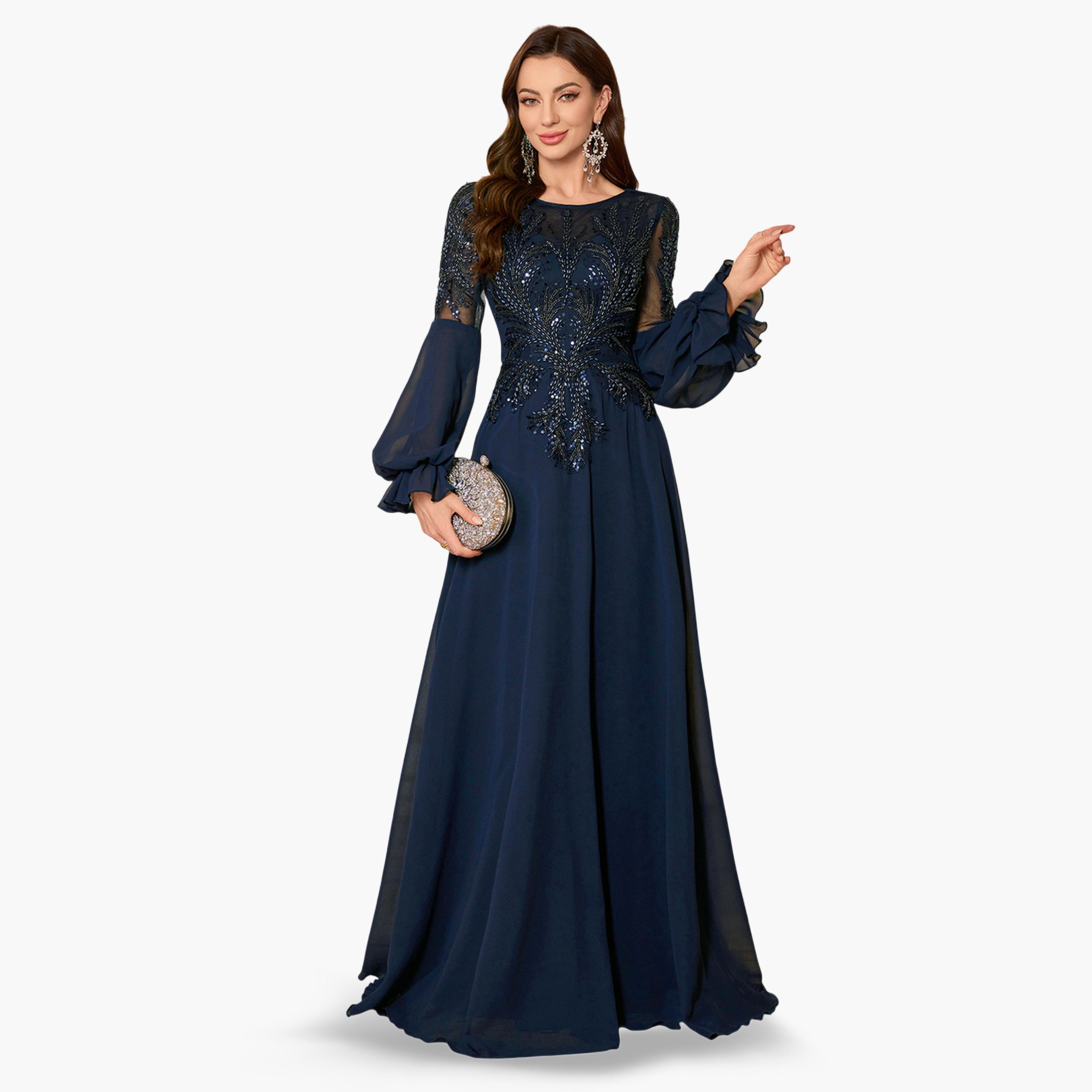 فستان سهرة طويل بحافة واسعة ومزين-women-clothing-dresses-image-1