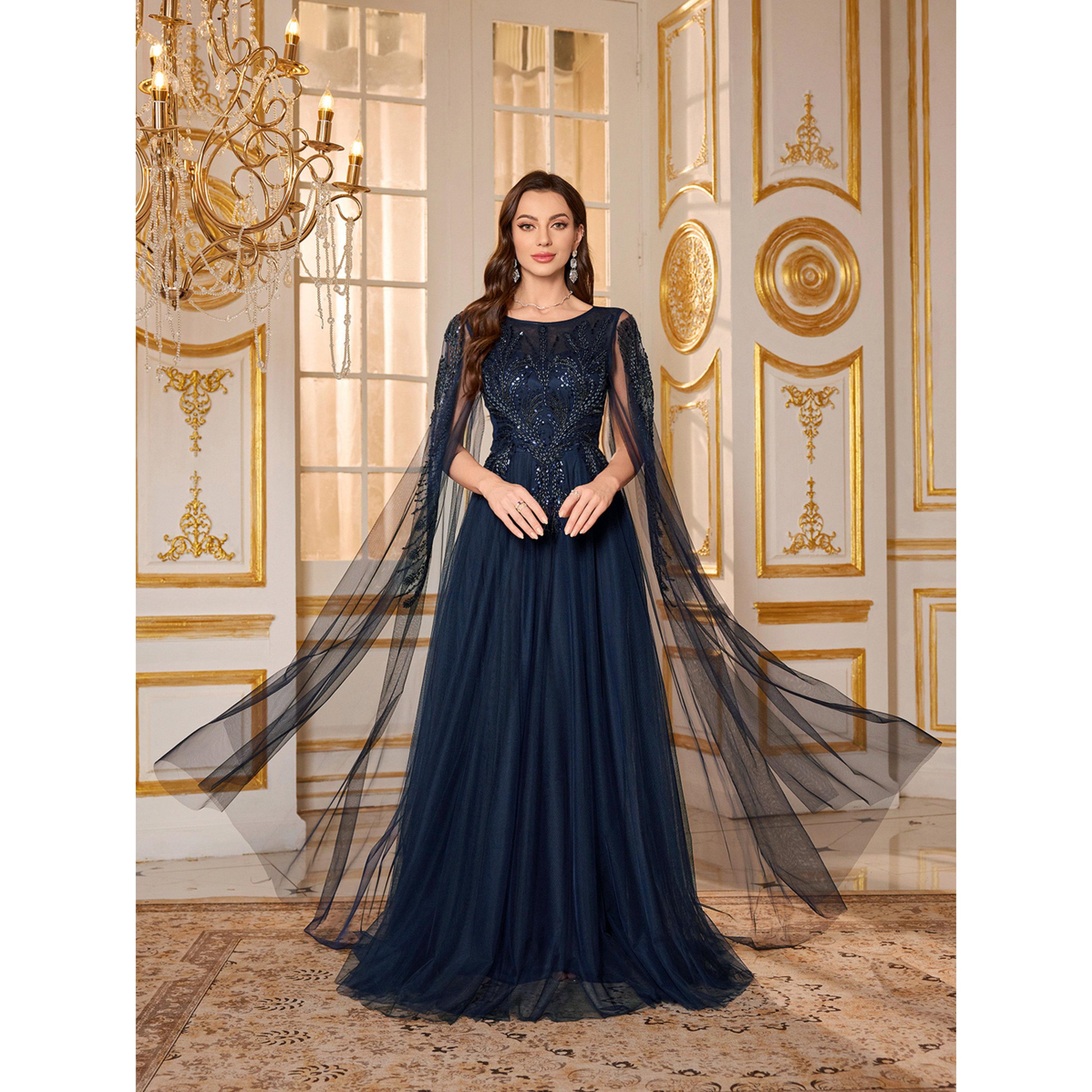 فستان سهرة طويل كاب شبك بحافة واسعة ومزين-women-clothing-dresses-image-1