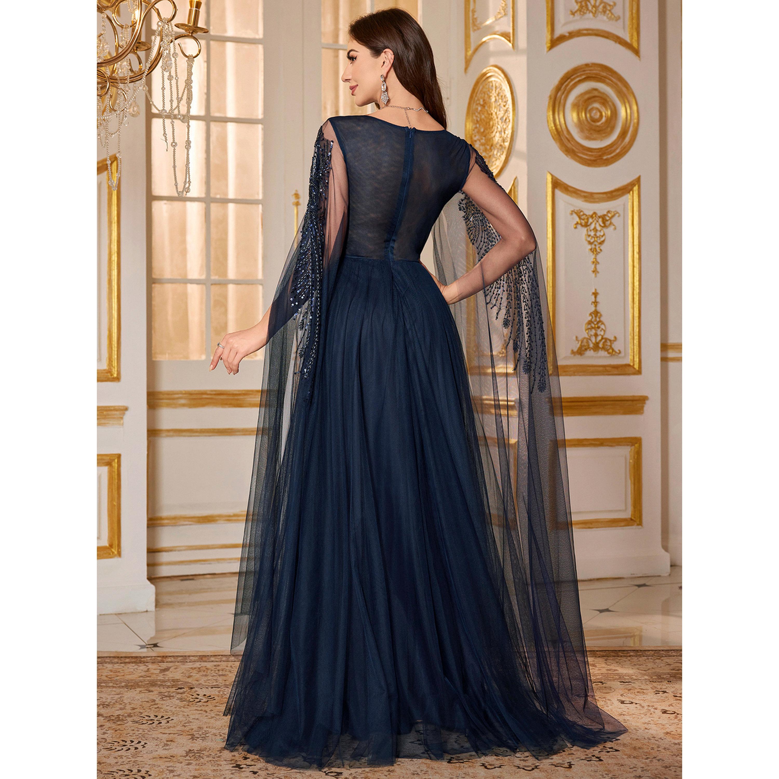 فستان سهرة طويل كاب شبك بحافة واسعة ومزين-women-clothing-dresses-image-2