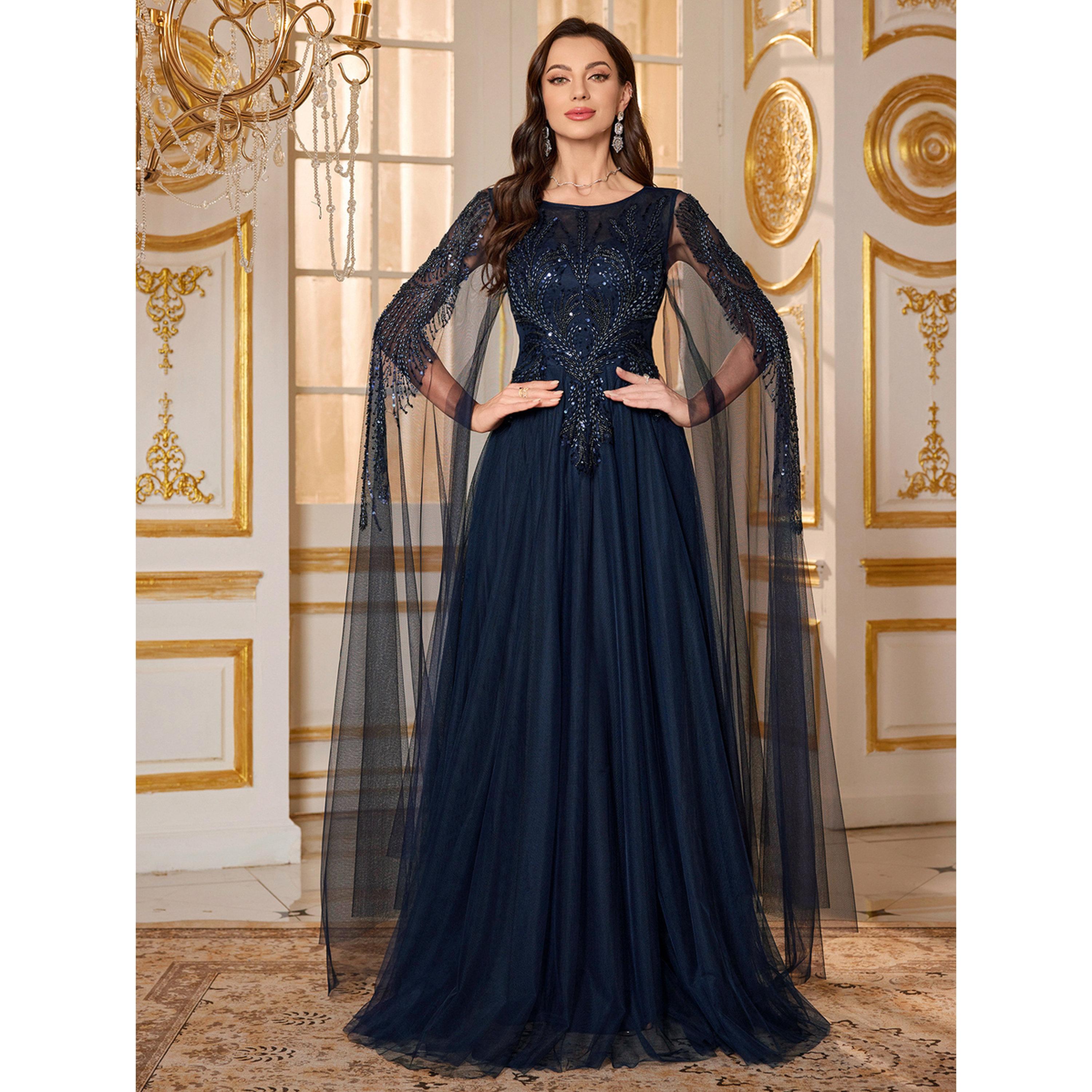 فستان سهرة طويل كاب شبك بحافة واسعة ومزين-women-clothing-dresses-image-3